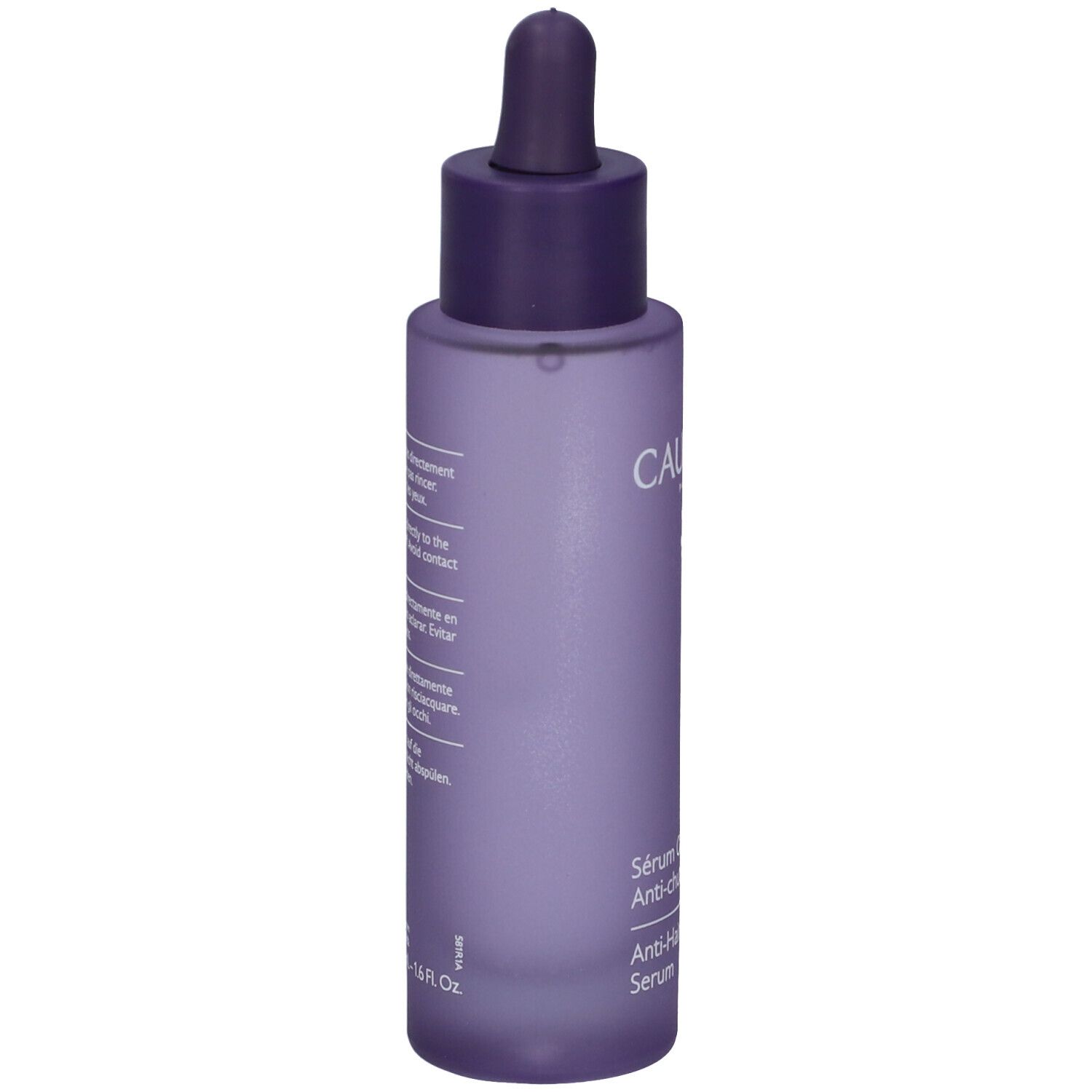 Flacone viola con tappo a pipetta, Siero Capelli Anticaduta Caudalie, vista posteriore.