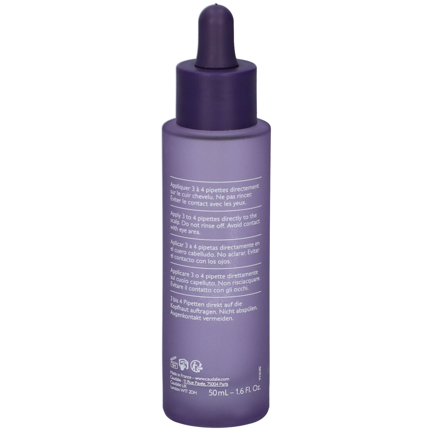 Flacone viola con tappo a pipetta, Siero Capelli Anticaduta Caudalie, istruzioni.
