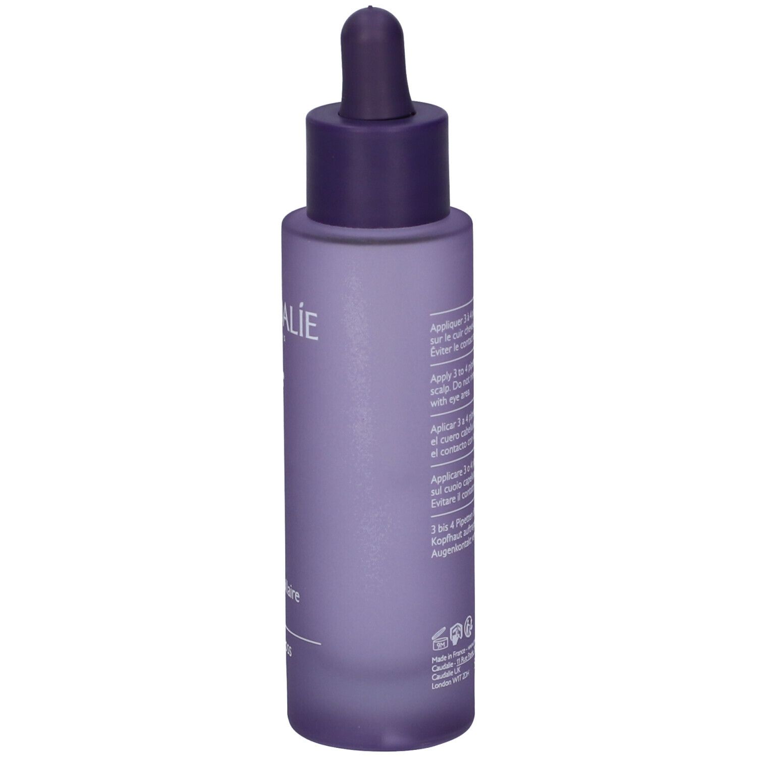 Flacone viola con tappo a pipetta, Siero Capelli Anticaduta Caudalie, vista laterale.