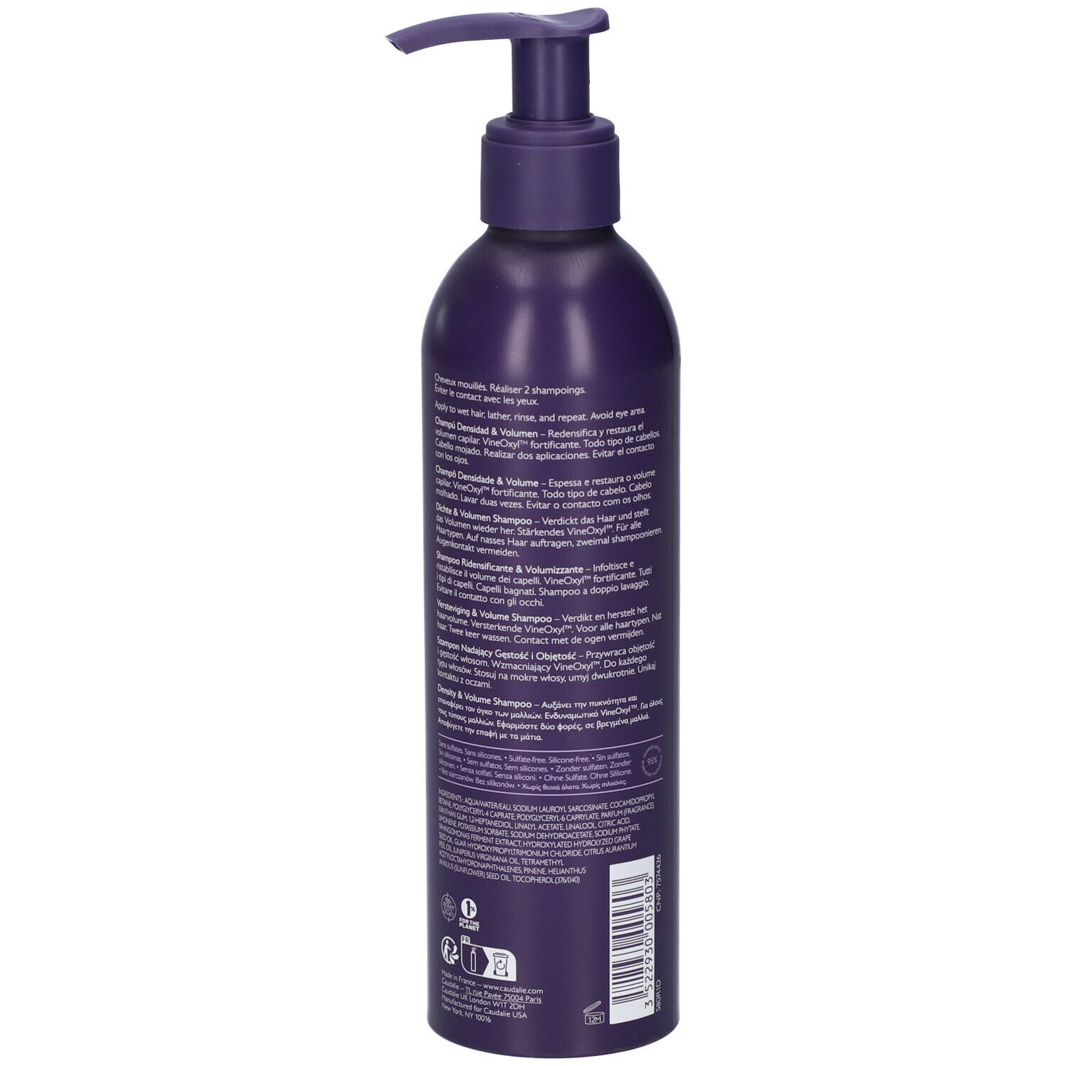 Retro del flacone Caudalie viola con erogatore a pompa, 200ml.