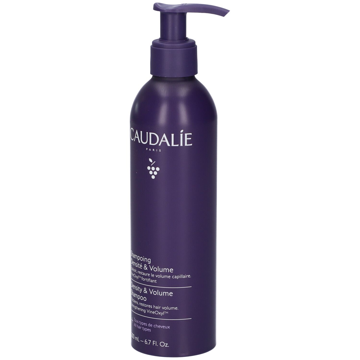 Flacone Caudalie viola con erogatore a pompa, 200ml.