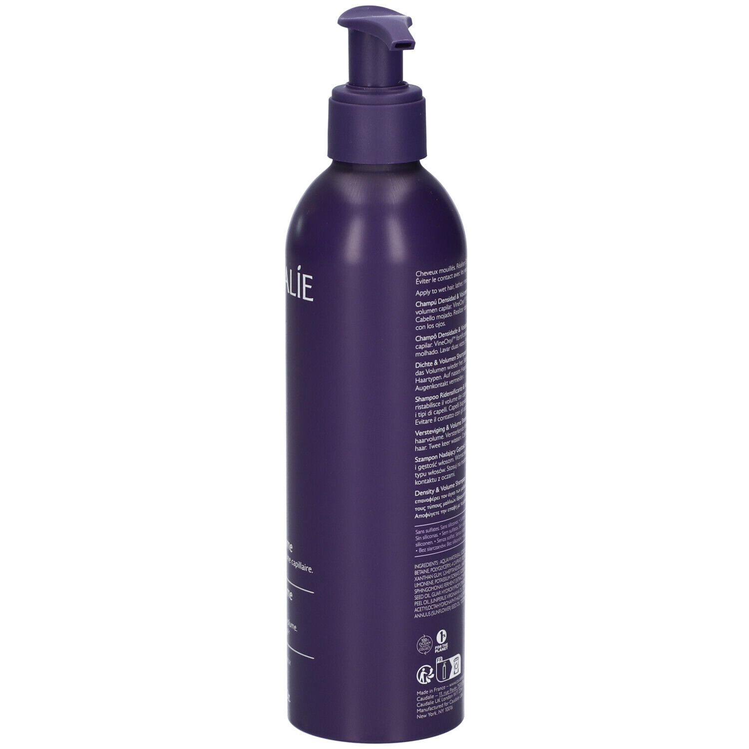 Retro del flacone Caudalie viola con erogatore a pompa, 200ml.