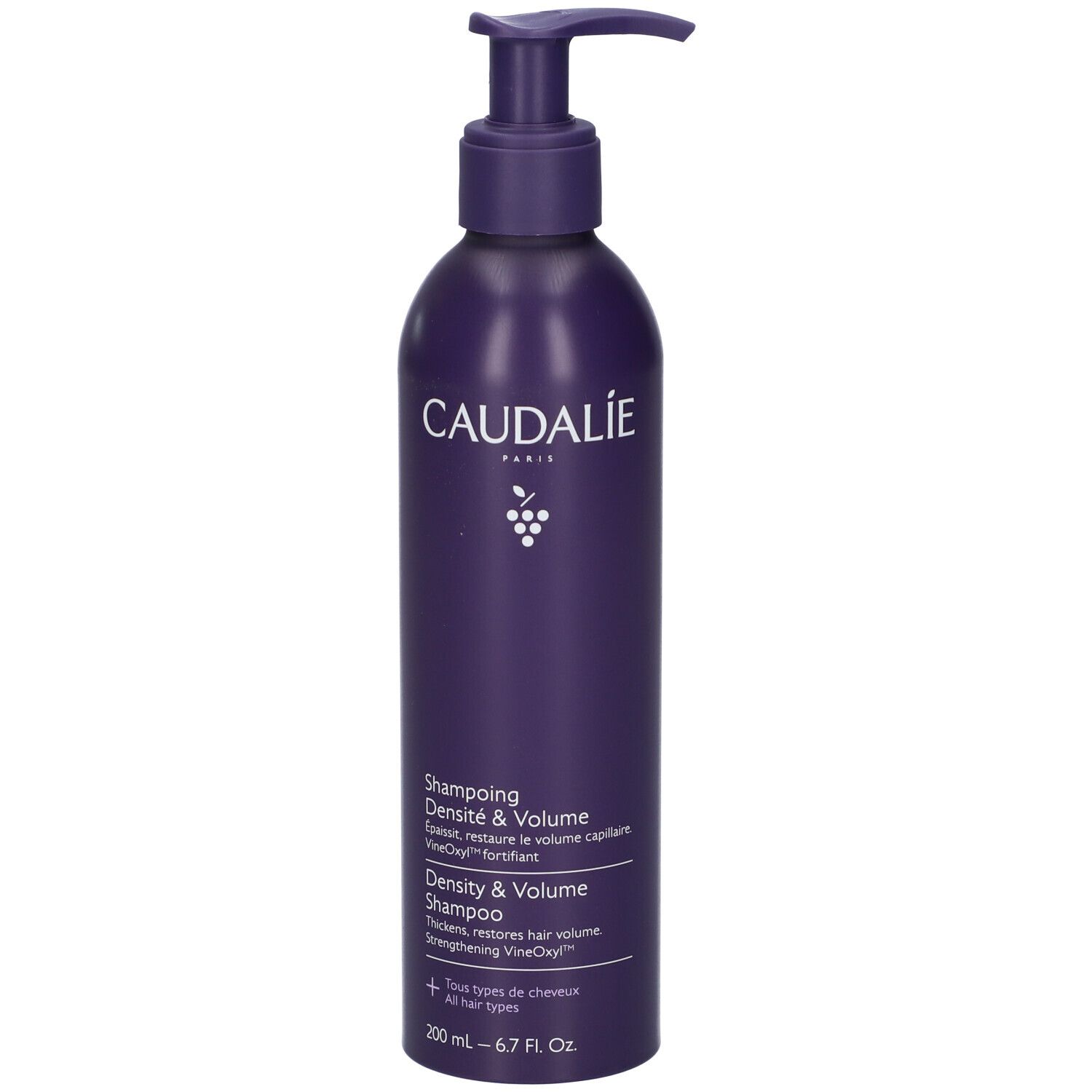 Flacone Caudalie viola con erogatore a pompa, 200ml.