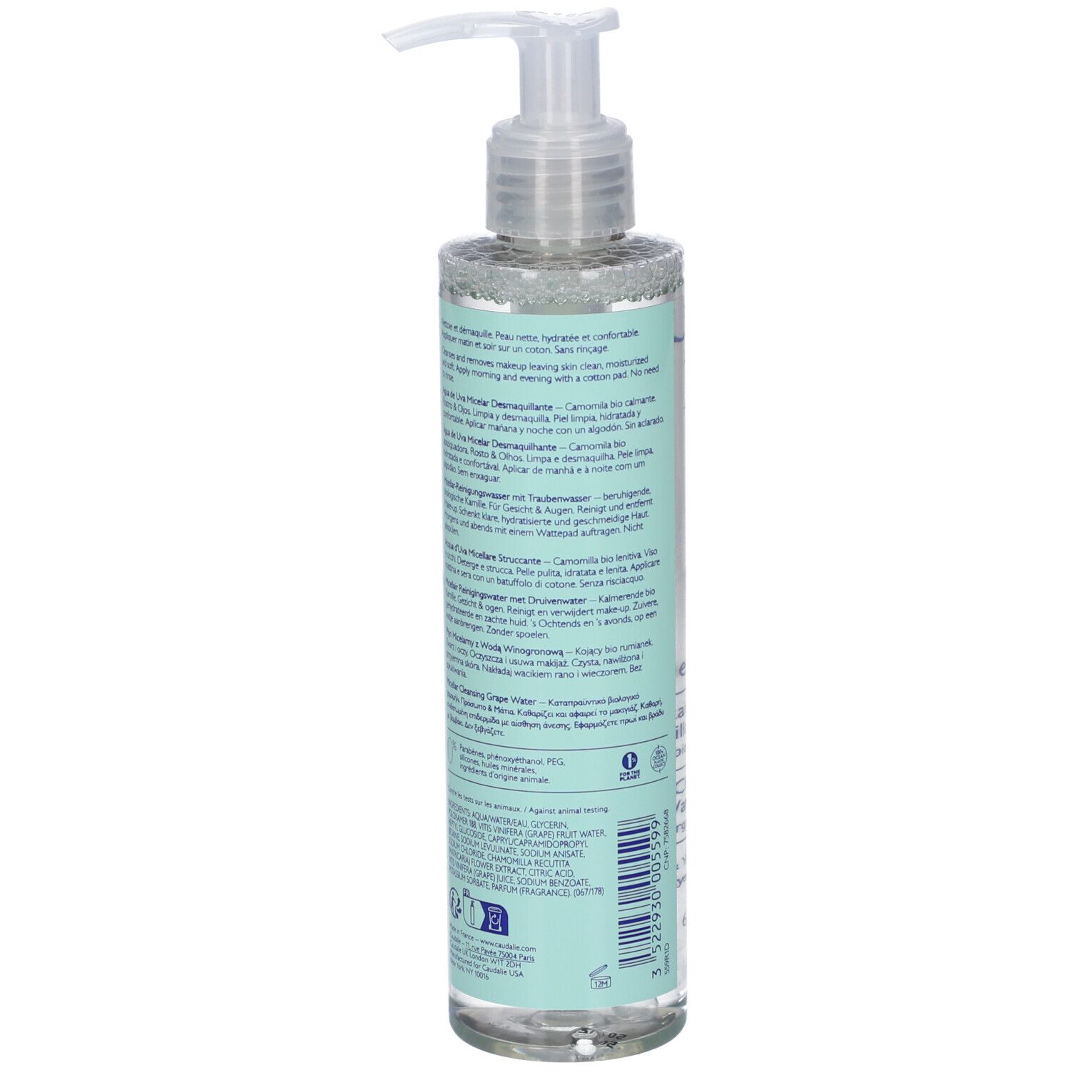 Flacone con pompa trasparente contenente acqua micellare, 200ml.