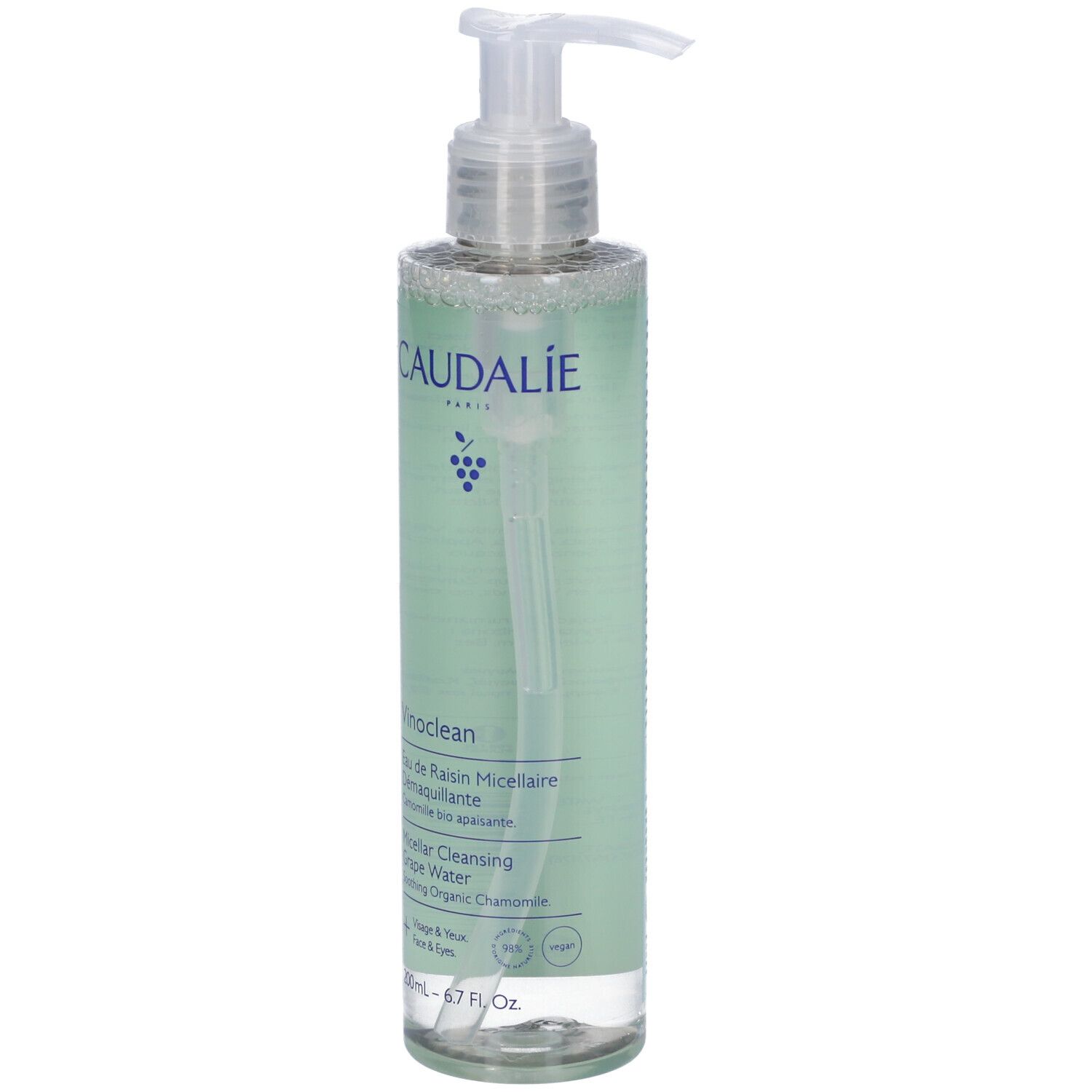 Acqua micellare struccante Caudalie Vinoclean in flacone con erogatore a pompa.