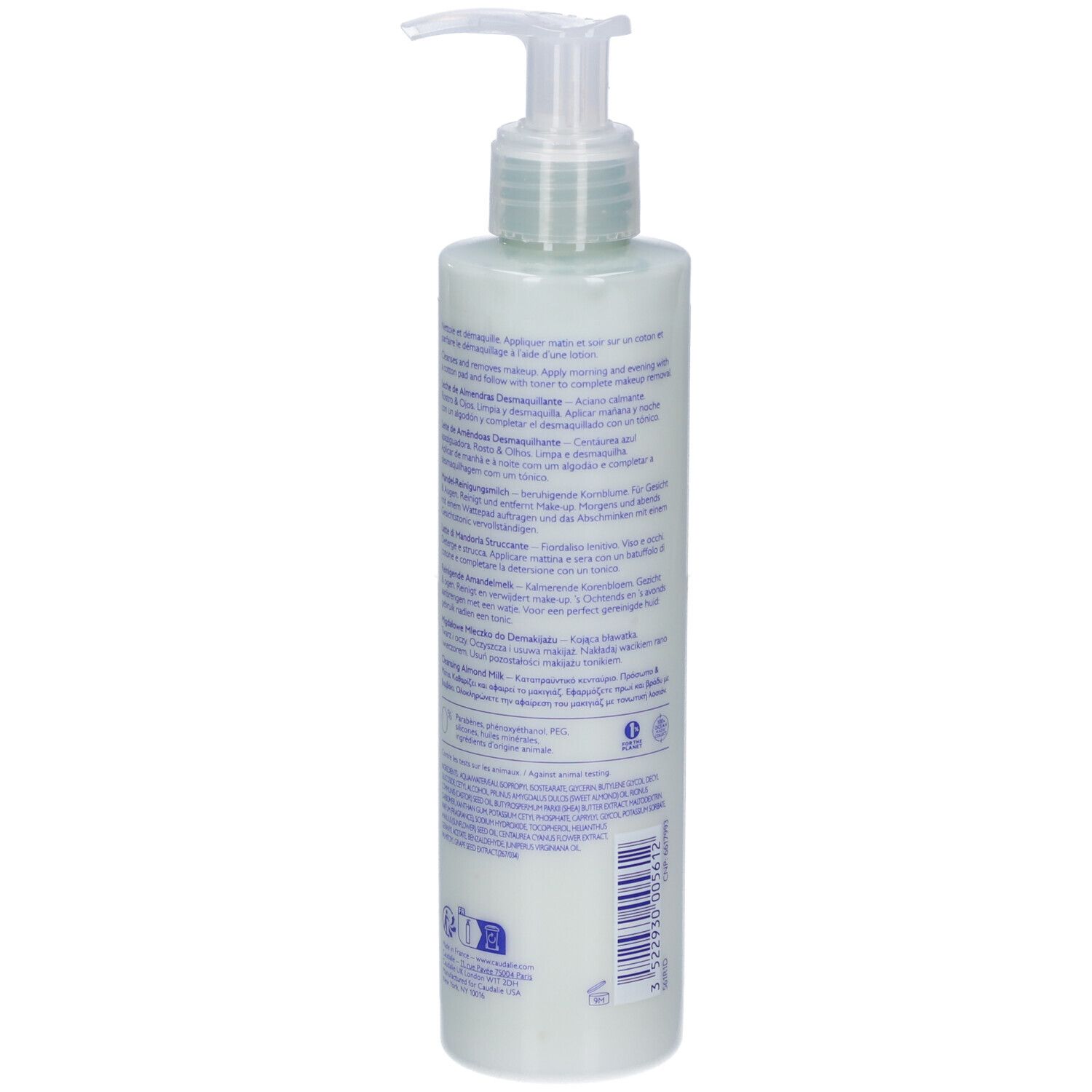 Caudalie Vinoclean Latte di Mandorla Struccante, flacone da 200ml con dispenser.
