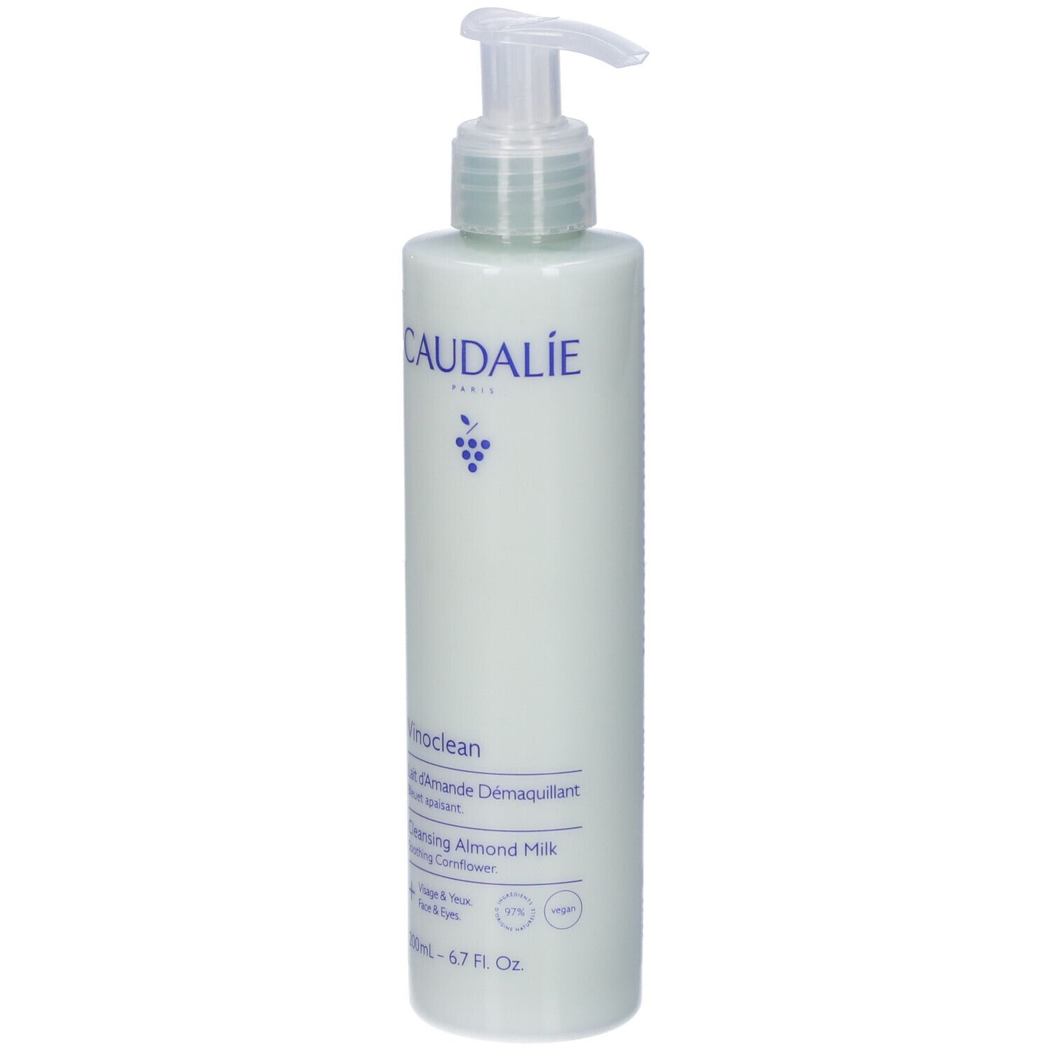 Olio detergente Caudalie con dispenser a pompa. La bottiglia è verde chiaro con etichette blu e bianche. Contiene 200ml.