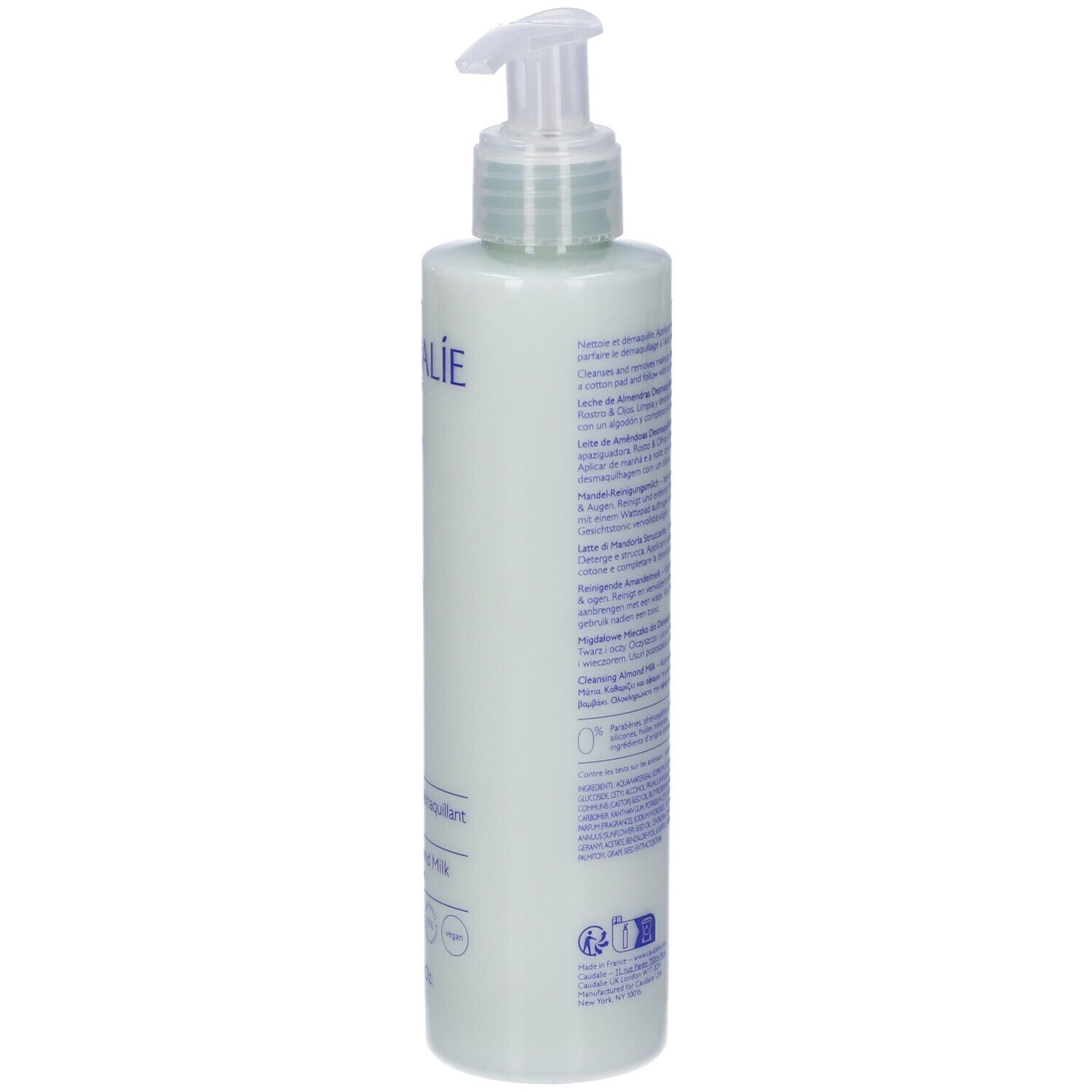 Retro di una bottiglia di latte detergente Caudalie Vinoclean mandorla con erogatore.