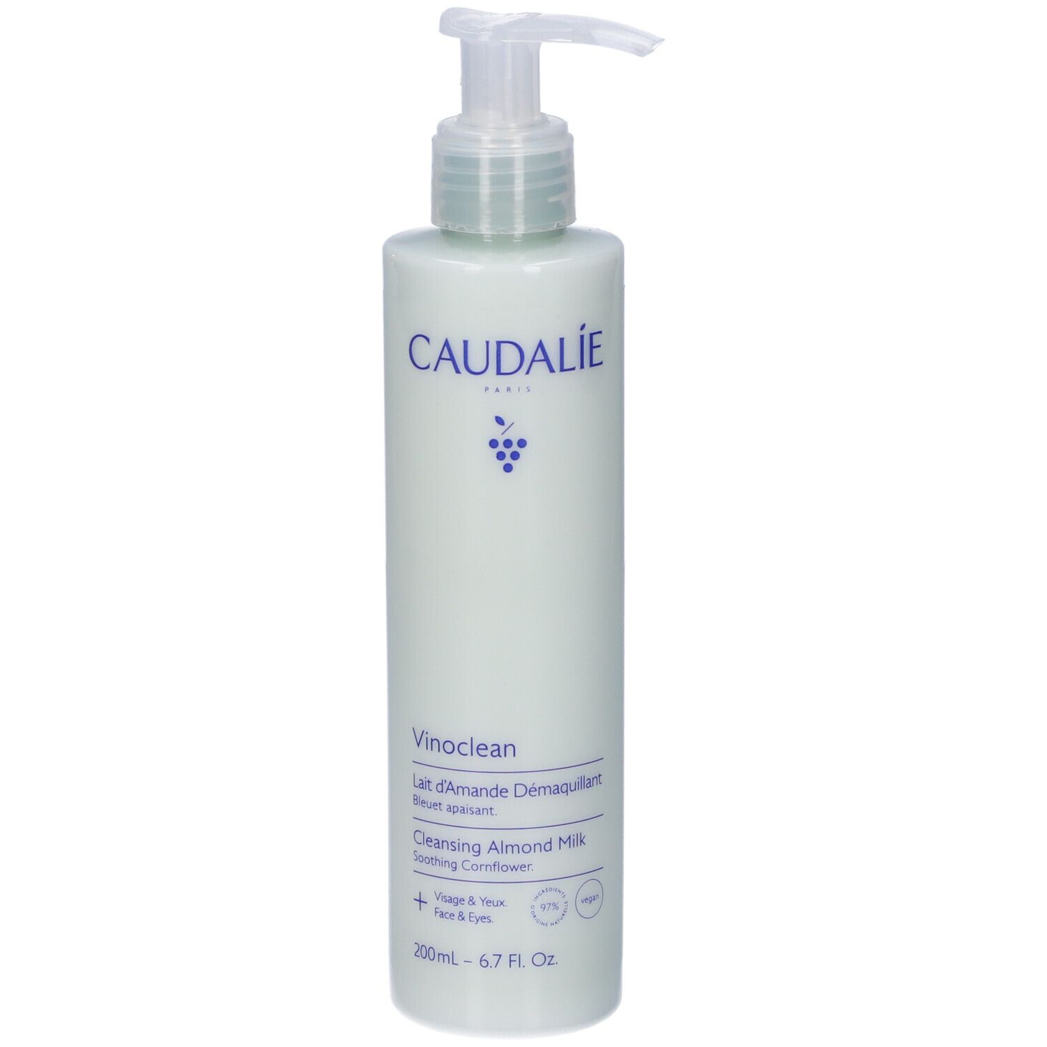 Caudalie Vinoclean Latte di Mandorla Struccante, flacone da 200ml con dispenser.
