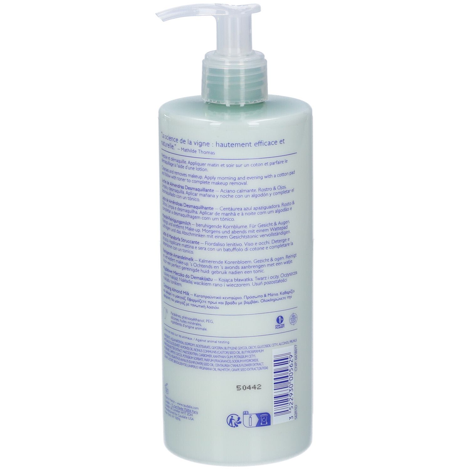 Flacone con dispenser, liquido verde chiaro, retro con testo.