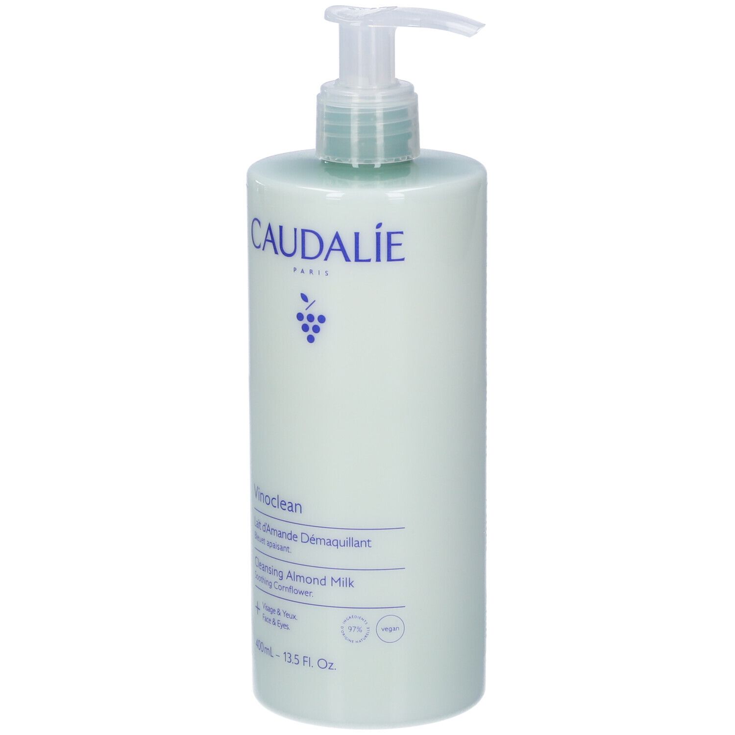 Latte di mandorla struccante Caudalie Vinoclean in flacone con erogatore, colore verde chiaro.