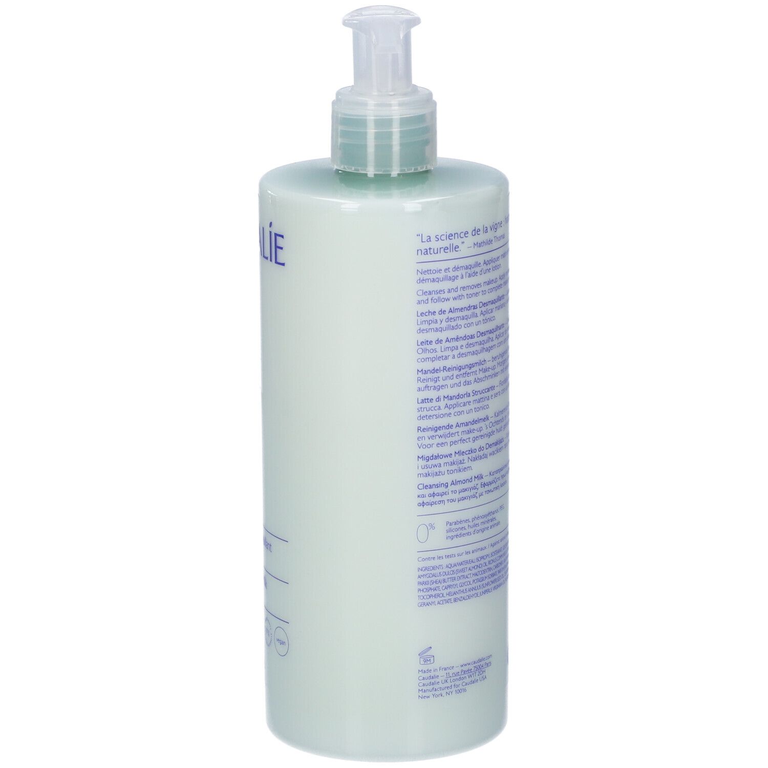 Flacone verde con pompa Caudalie, latte detergente, 400ml.