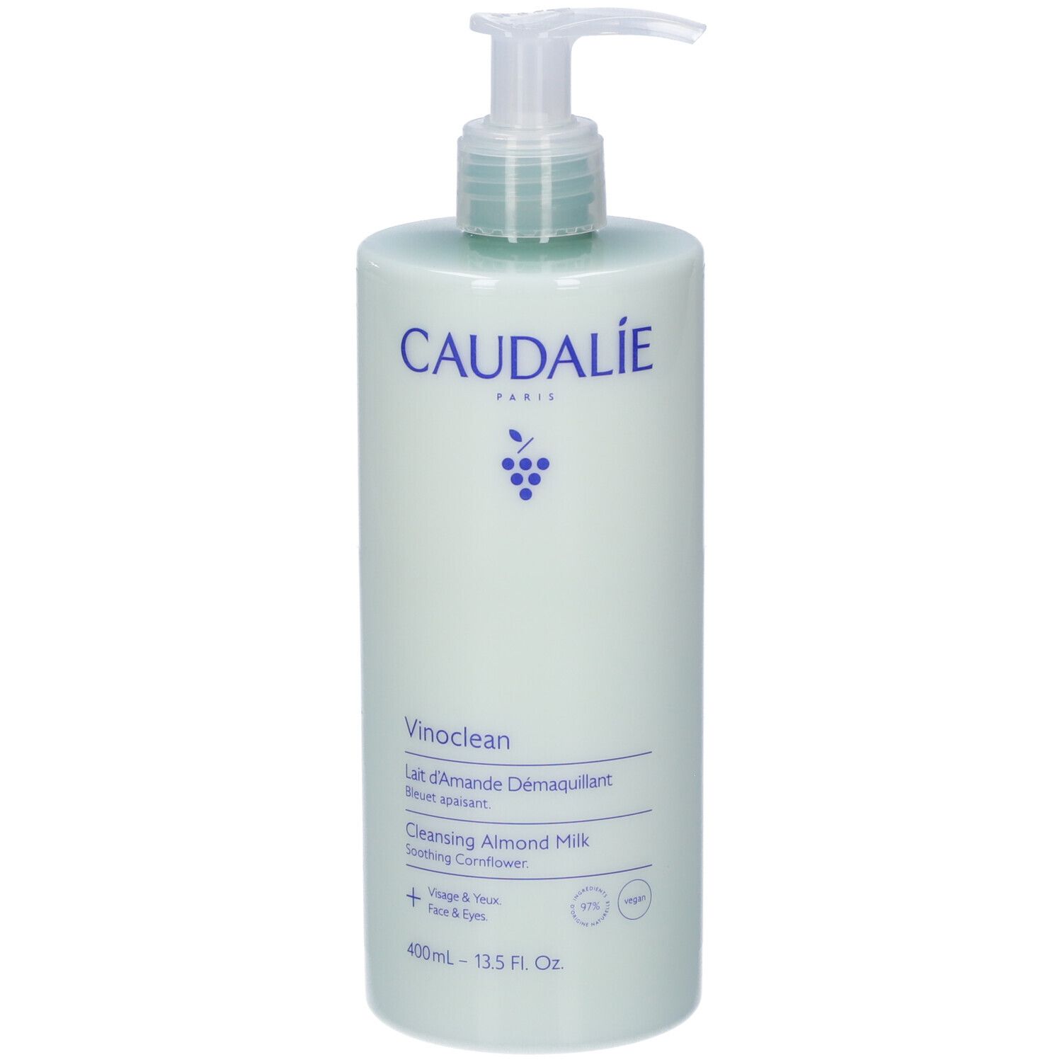 Latte detergente alla mandorla Caudalie Vinoclean in flacone con pompa bianco da 400 ml.
