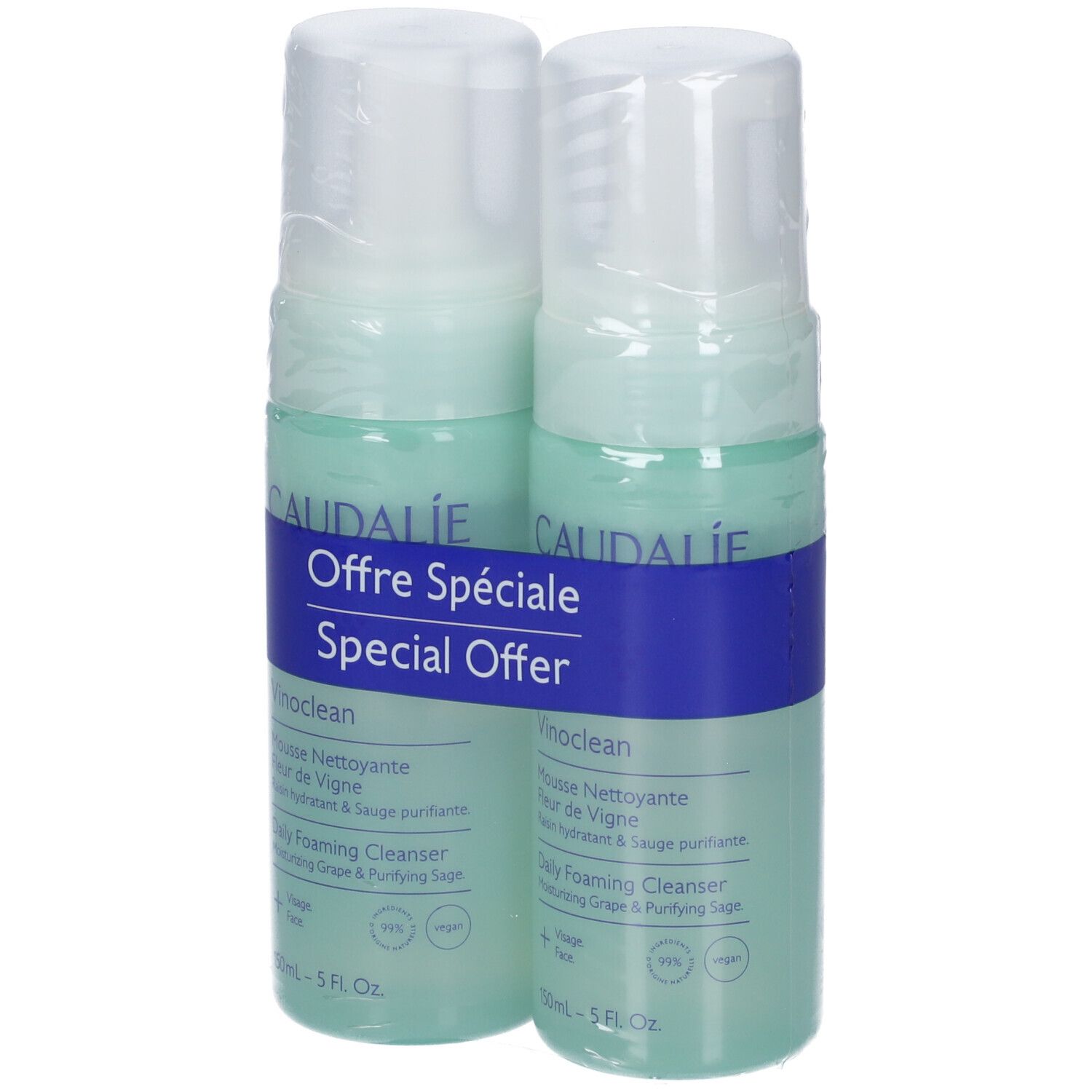 Due flaconi verdi Caudalie, detergenti schiumogeni con pompe, 150ml.