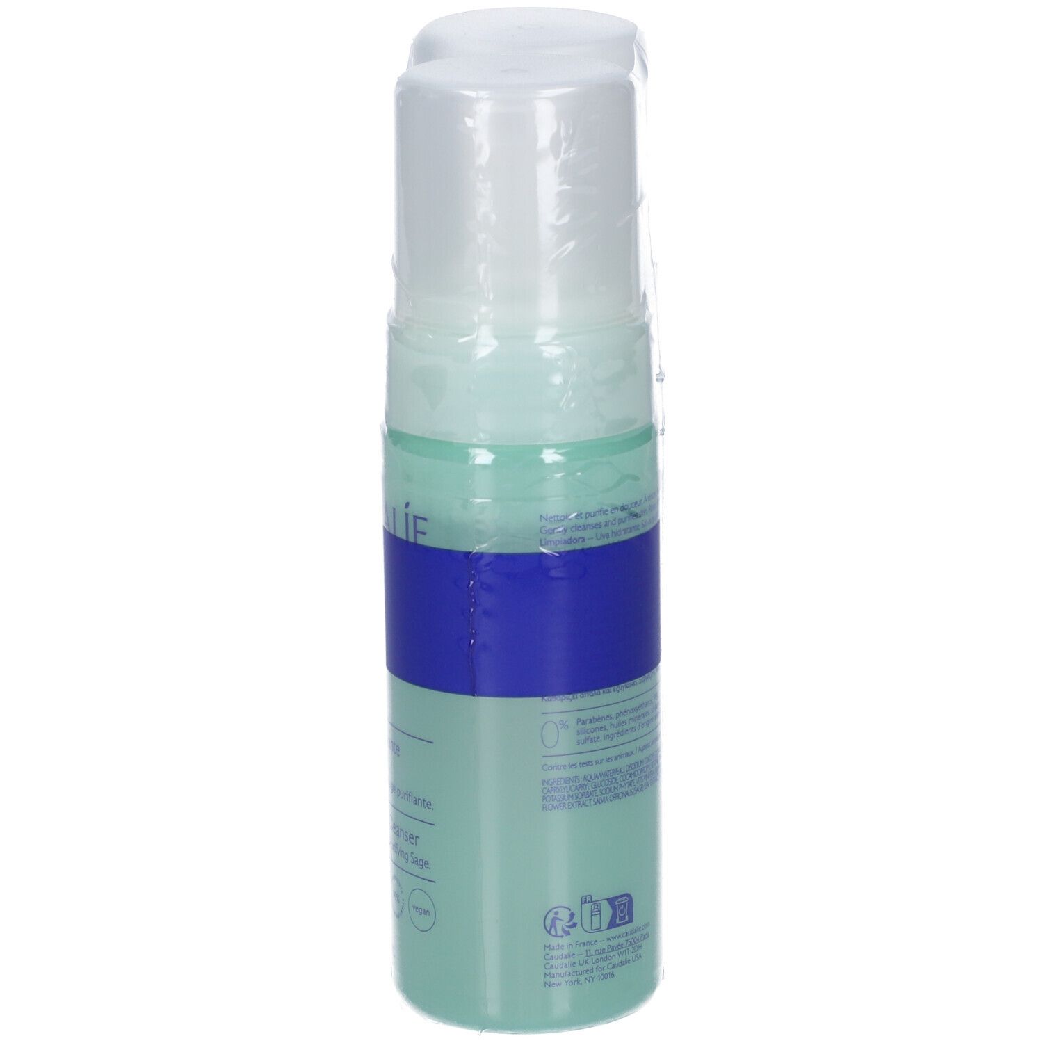 Due flaconi con dispenser a pompa, avvolti in pellicola. Flaconi verde chiaro con nastro blu.