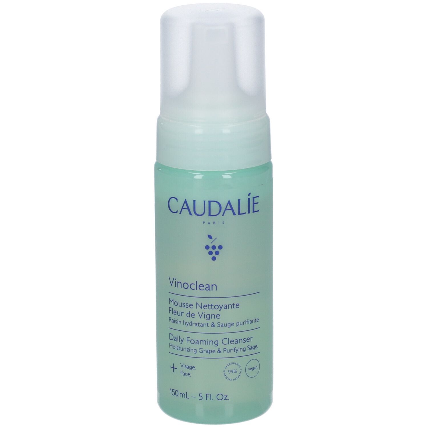 Flacone Caudalie Vinoclean Daily Foaming Cleanser con erogatore a pompa.