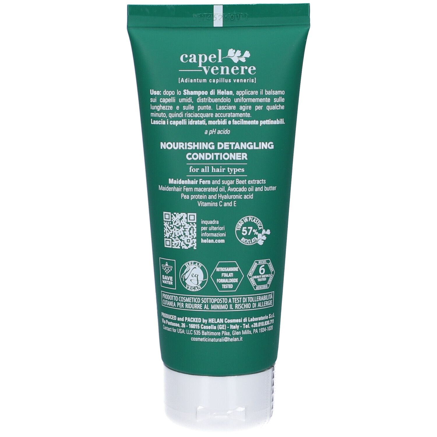 Tubo verde 'capel-venere' Nourishing Detangling Conditioner per tutti i tipi di capelli. Contiene Felce capelvenere, estratti di barbabietola, olio di avocado, proteine del pisello, vitamine C ed E.