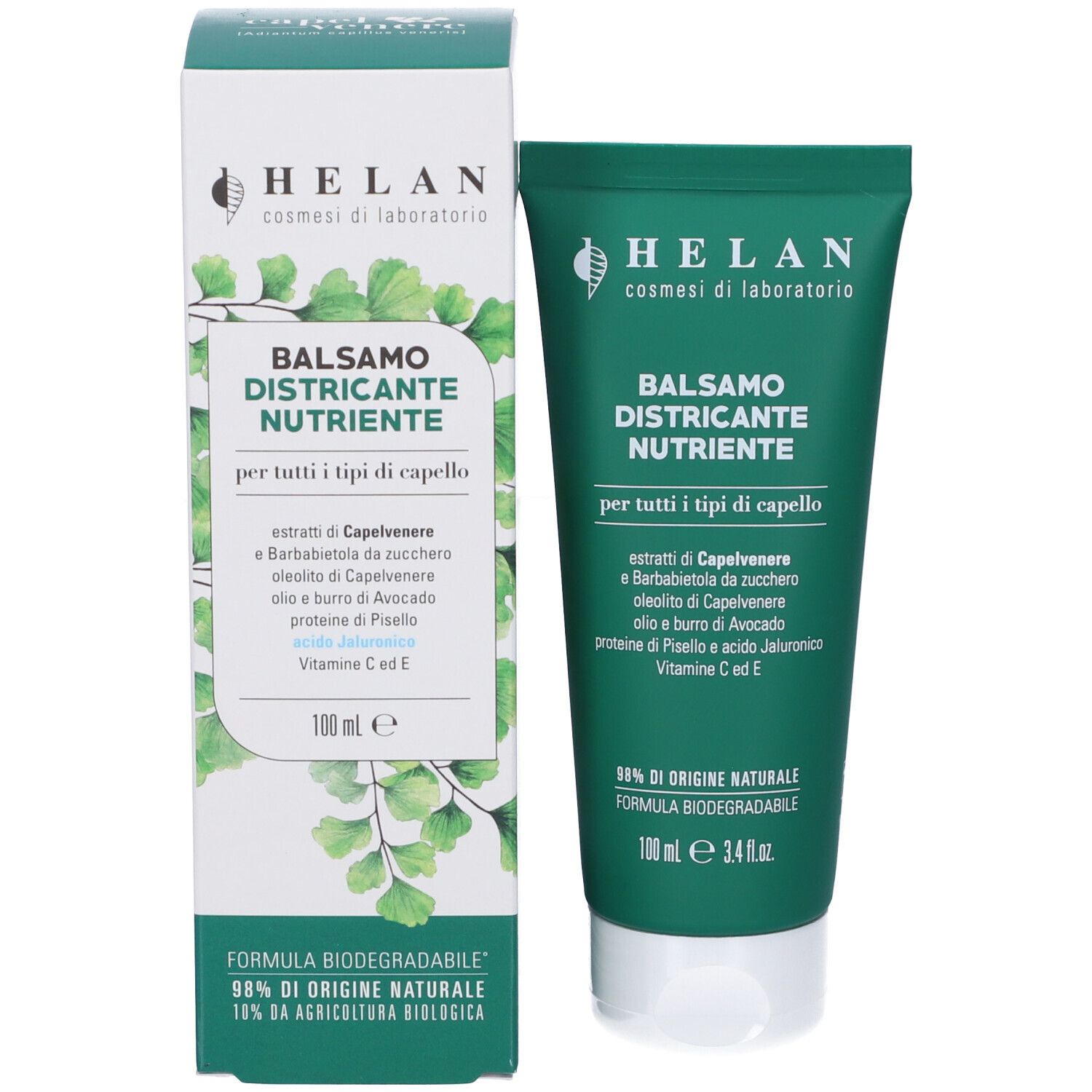 Helan Balsamo Districante Nutriente per capelli in tubo verde e scatola.
