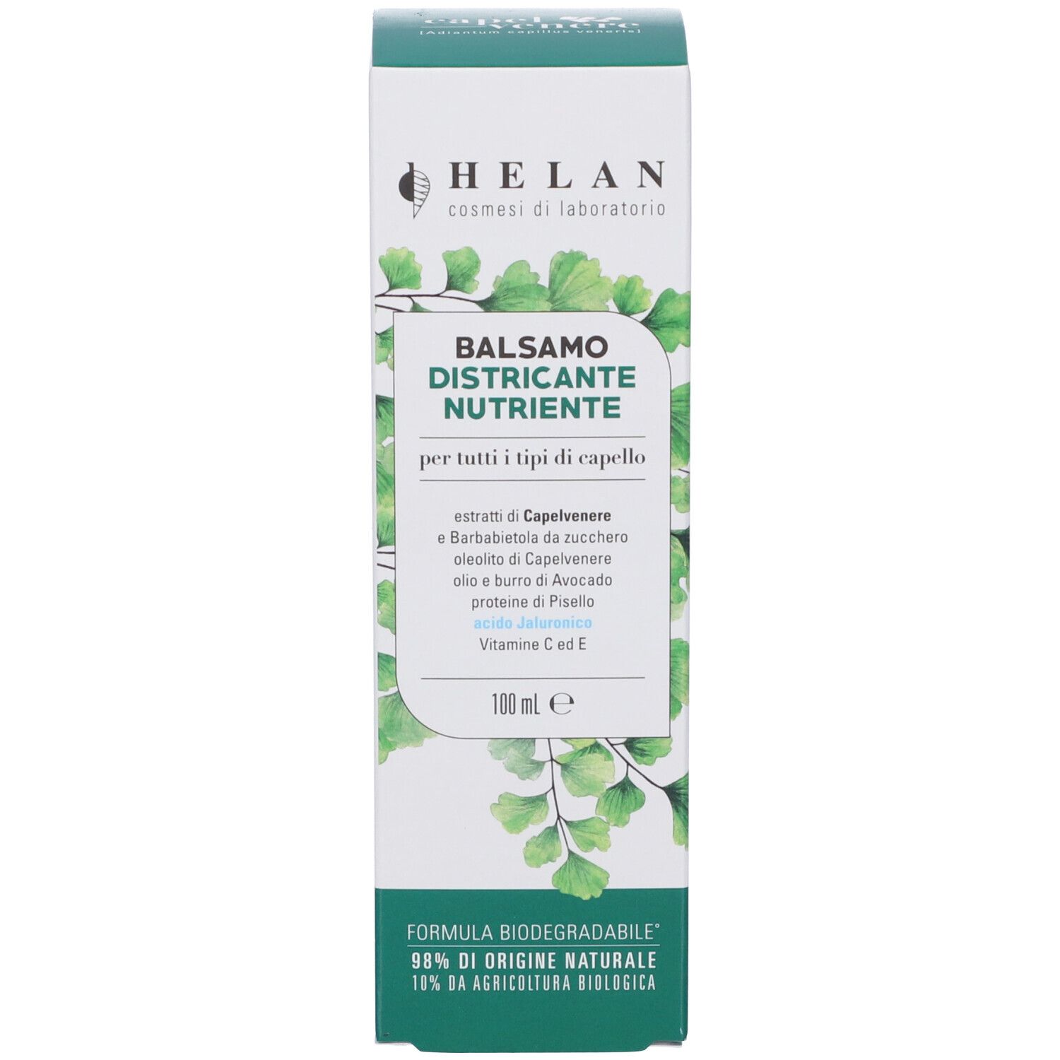 Confezione Helan Balsamo Districante Nutriente, balsamo per capelli, 100 ml. Scatola bianca con decorazioni di foglie di ginkgo verdi.