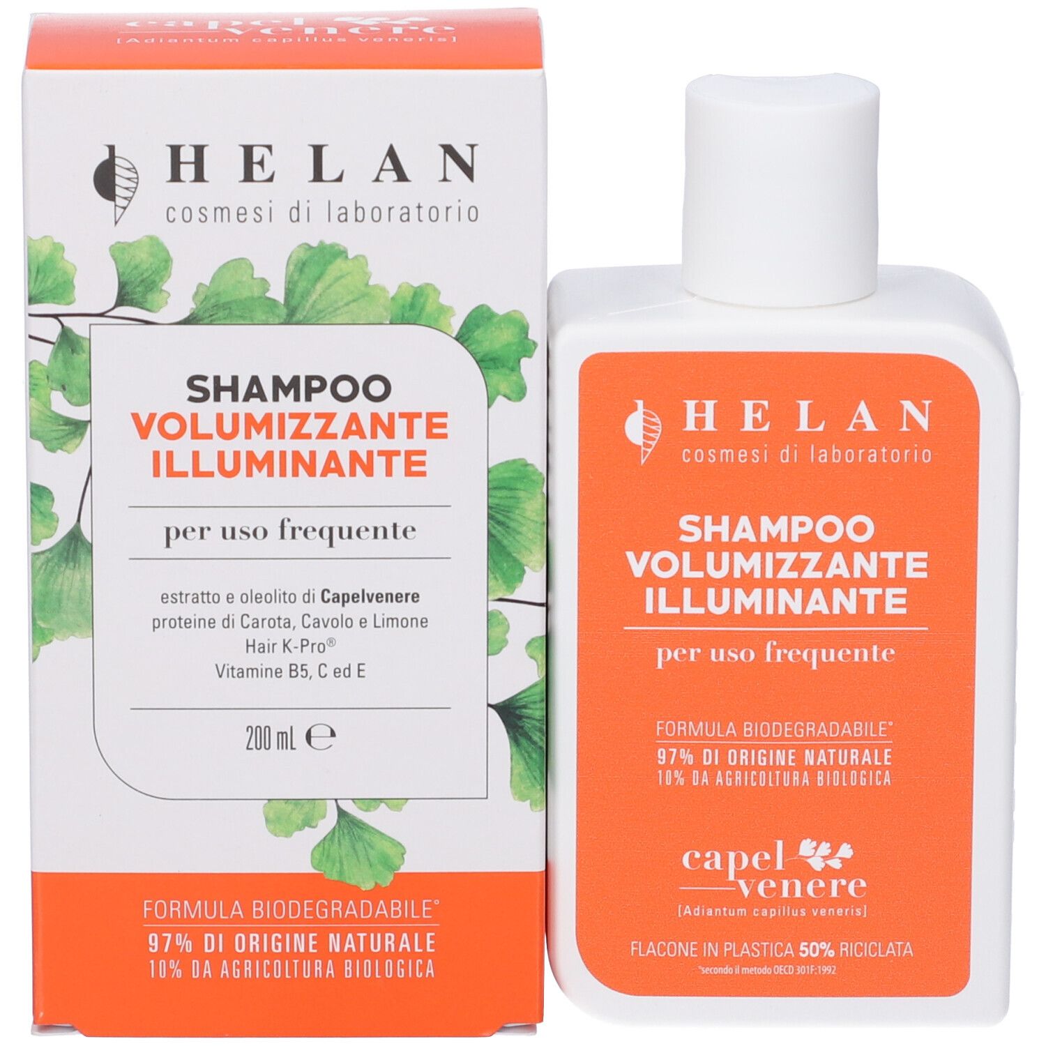 Flacone e scatola di shampoo Helan Capelvenere con foglie di ginkgo.