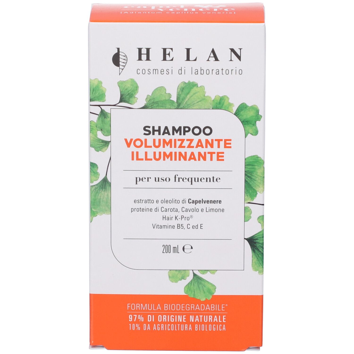 Scatola di shampoo Helan Capelvenere con foglie di ginkgo e informazioni sul prodotto.
