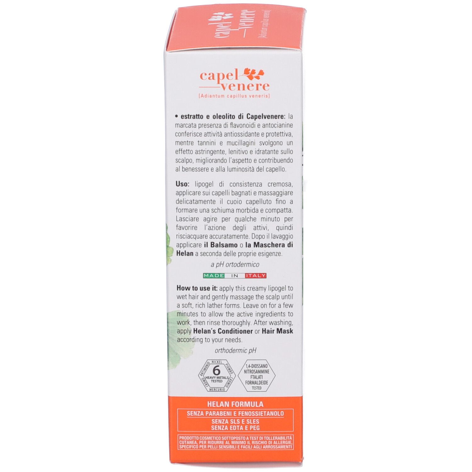 Vista laterale della scatola di shampoo Helan Capelvenere con ingredienti e istruzioni.