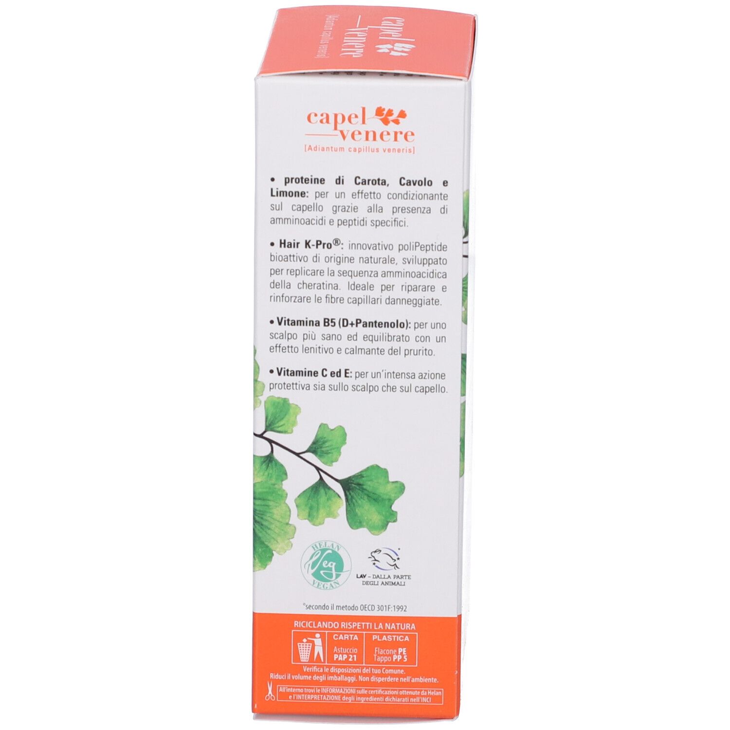 Vista laterale della scatola di shampoo Helan Capelvenere con ingredienti e certificazioni.