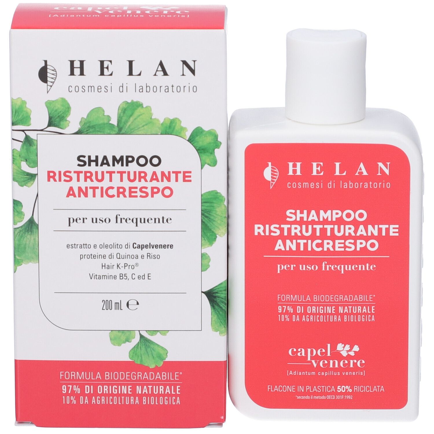 Helan Shampoo Ristrutturante Anticrespo, flacone e scatola da 200ml. Formula biodegradabile, 97% di origine naturale.