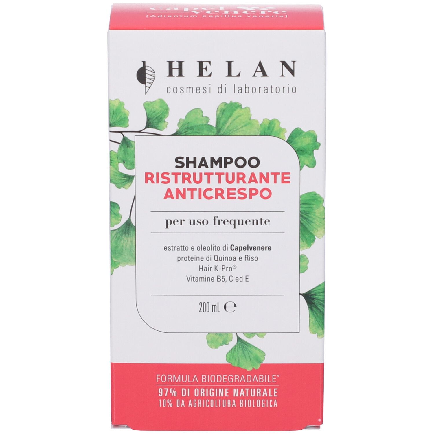 Helan Shampoo Ristrutturante Anticrespo, 200ml. Con foglie di ginkgo e testo "Formula Biodegradabile".