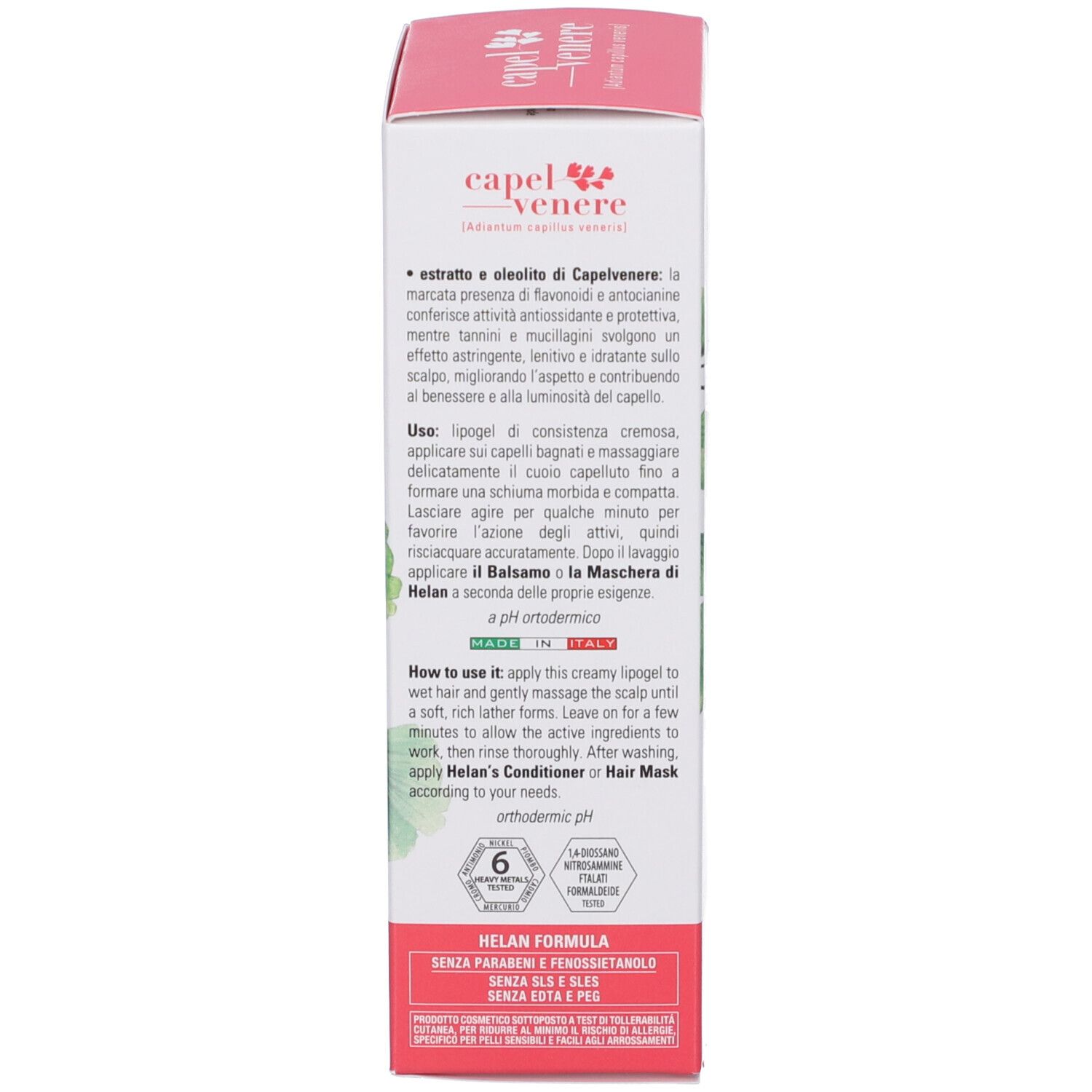 Confezione per lipogel cremoso Capel Venere, Made in Italy, con informazioni su uso e ingredienti.