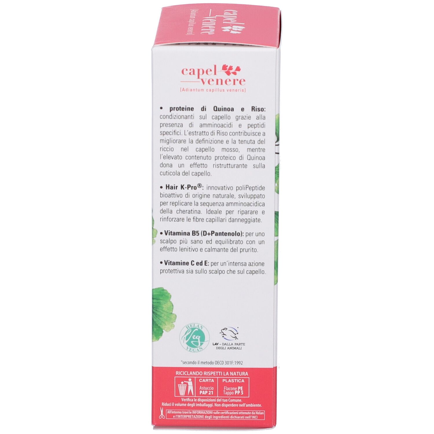 Confezione per la cura dei capelli con informazioni su ingredienti come quinoa, riso e vitamine.