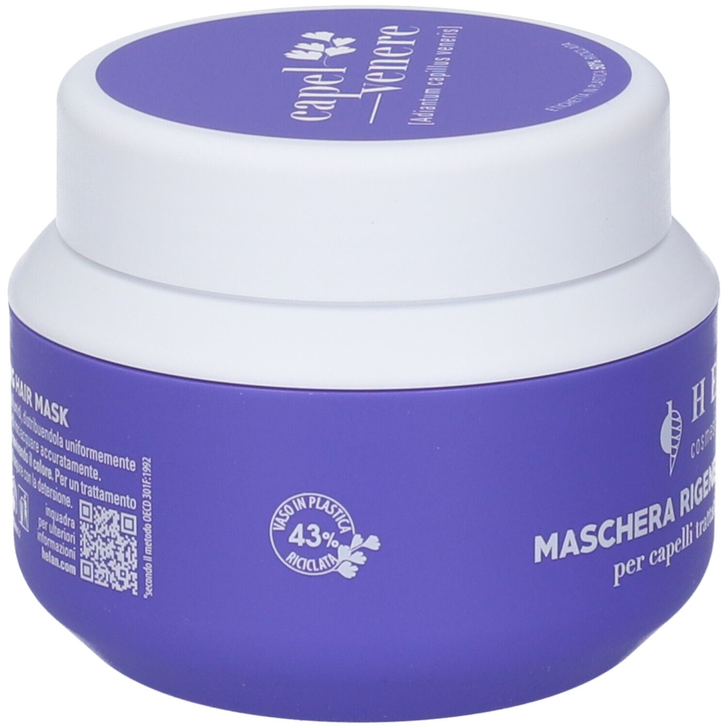 Vasetto viola con coperchio bianco, maschera capelli Helan Capelvenere, 43% riciclato.