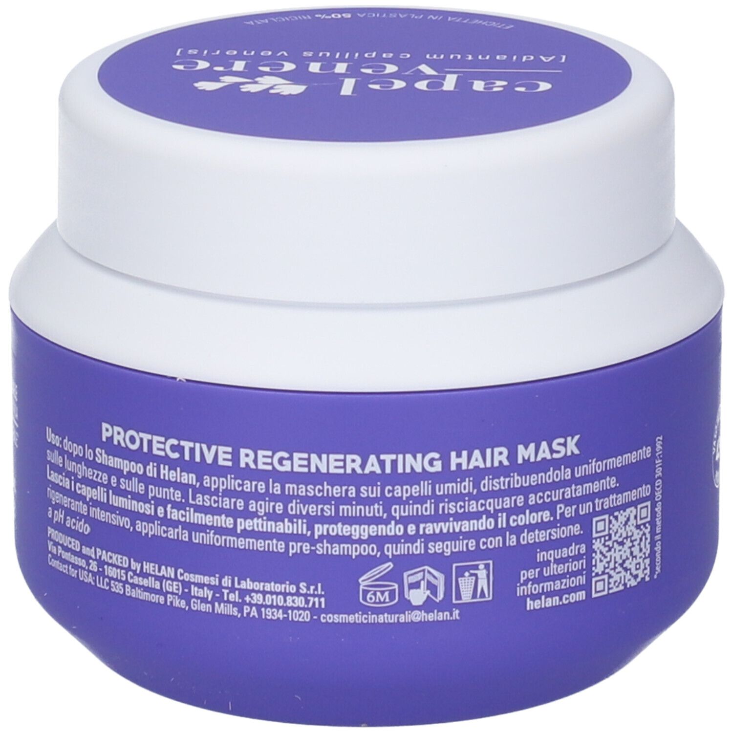 Retro di un vasetto viola con coperchio bianco, maschera capelli Helan Capelvenere.