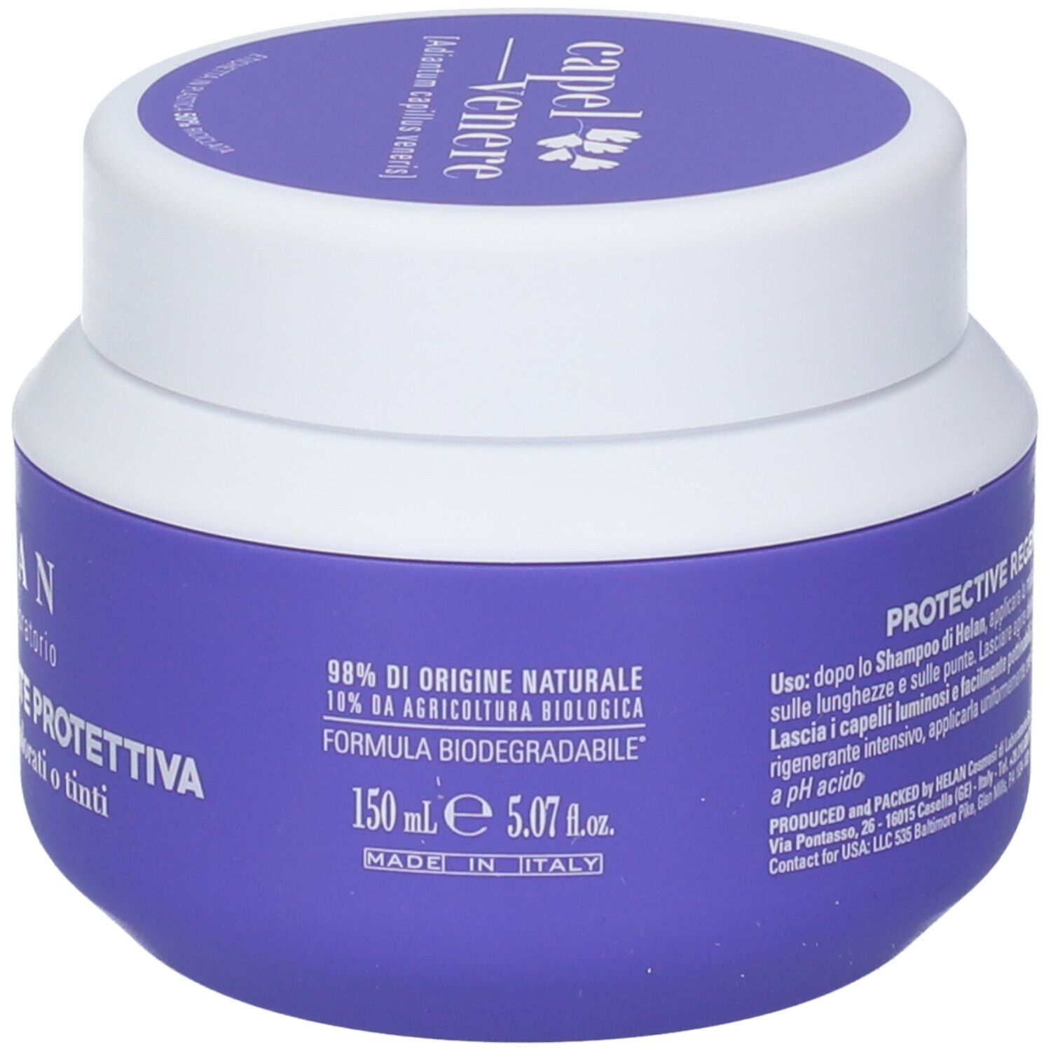 Vasetto viola con coperchio bianco, maschera capelli Helan Capelvenere, 150ml, Made in Italy.