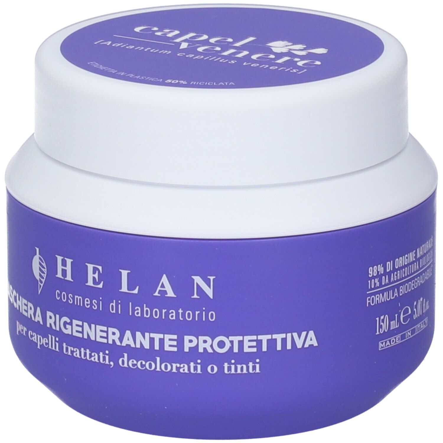 Vasetto viola con coperchio bianco, maschera capelli Helan Capelvenere, 150ml, Made in Italy.