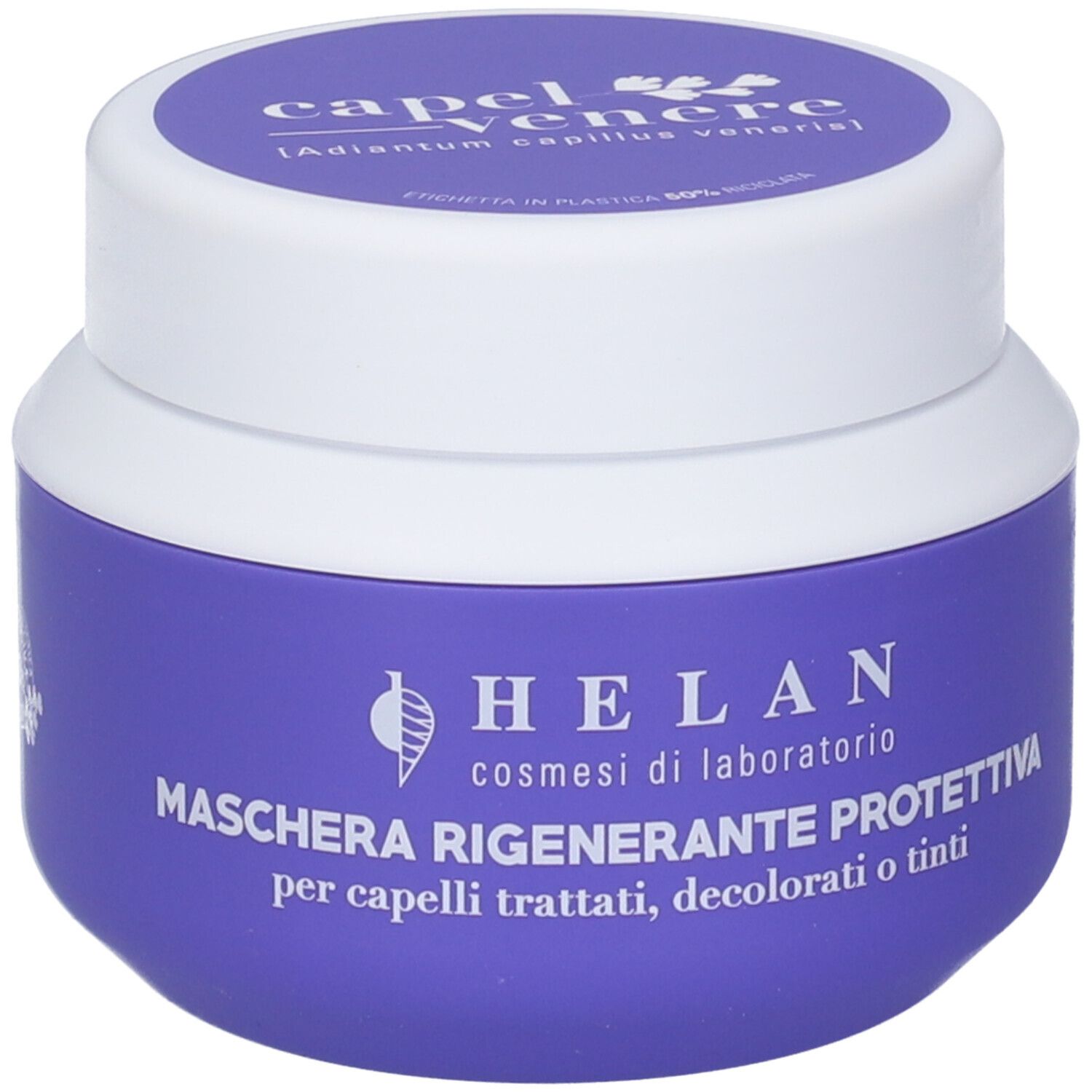 Vasetto viola con coperchio bianco, maschera capelli Helan Capelvenere.