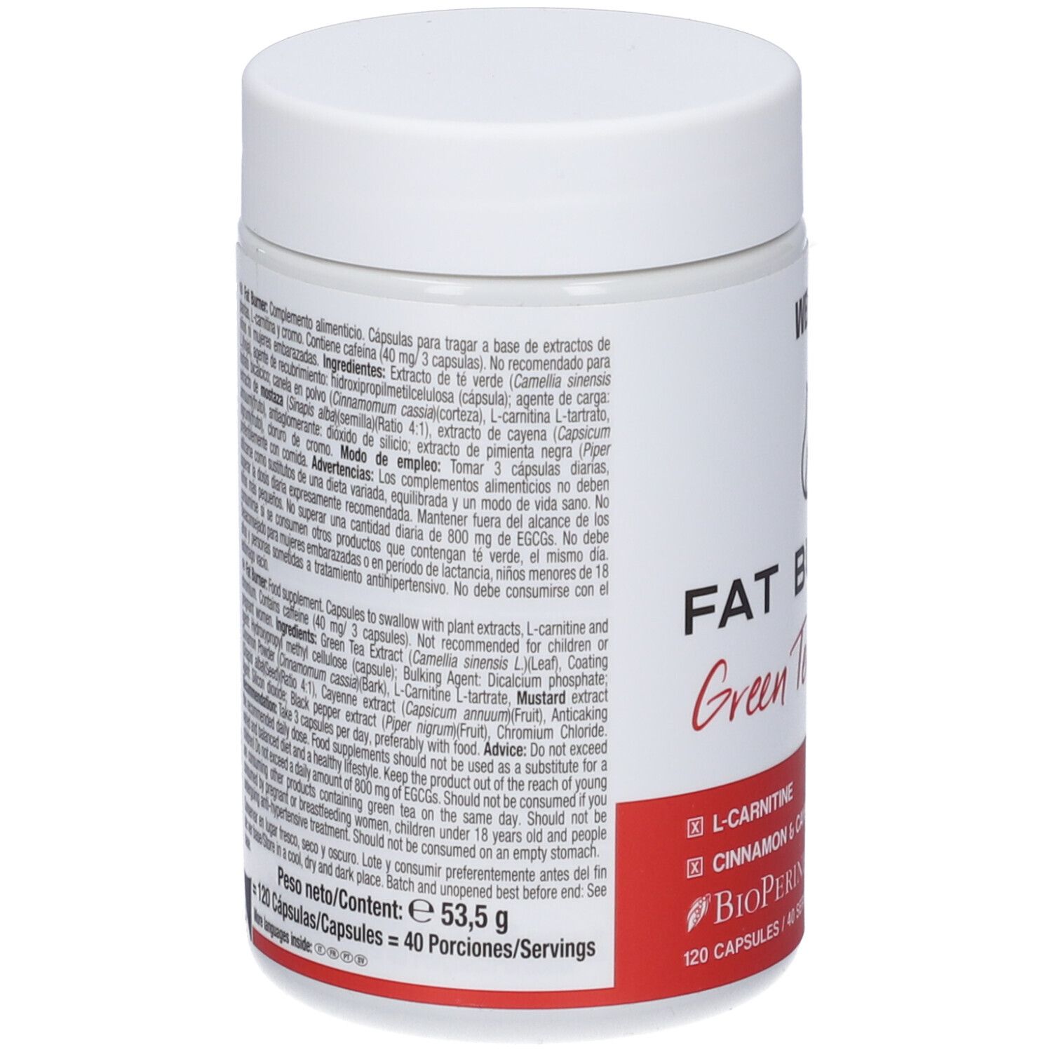 Barattolo di capsule Fat Burner WeiDER, retro con informazioni nutrizionali e ingredienti.
