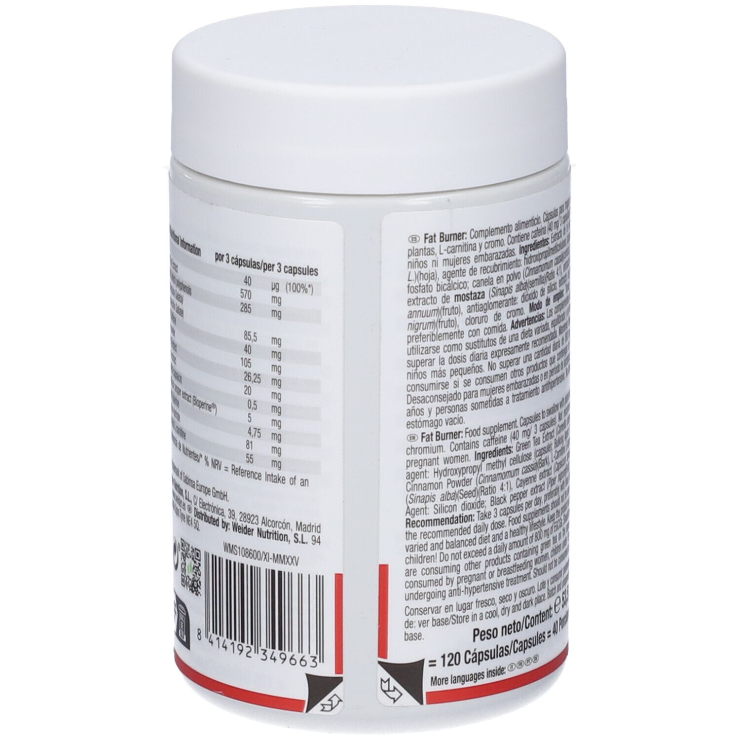 Barattolo di capsule Fat Burner WeiDER, lato con informazioni nutrizionali dettagliate e ingredienti.