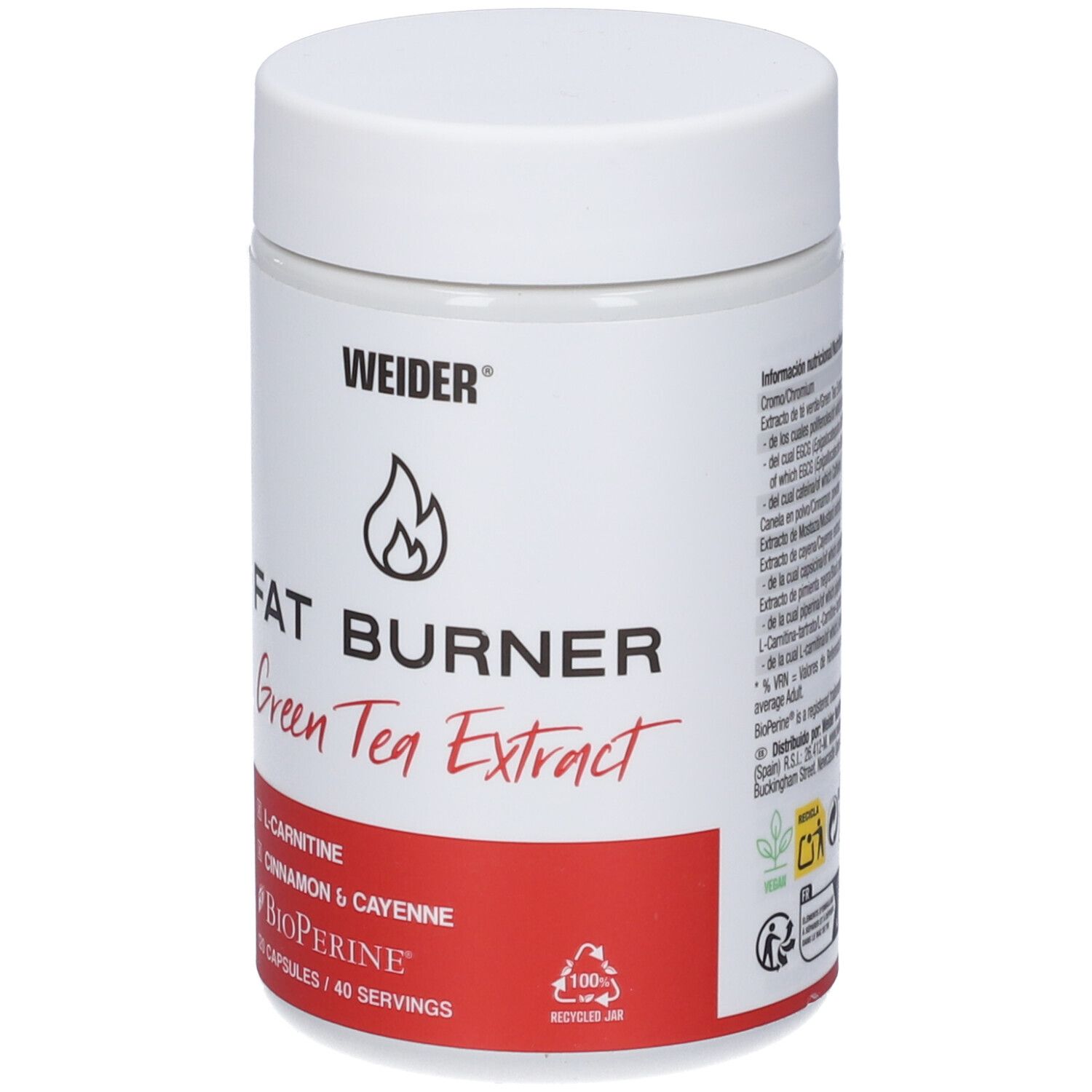 Barattolo di capsule Fat Burner WeiDER con estratto di tè verde, L-Carnitina, cannella e pepe di Caienna. Simbolo di riciclo.