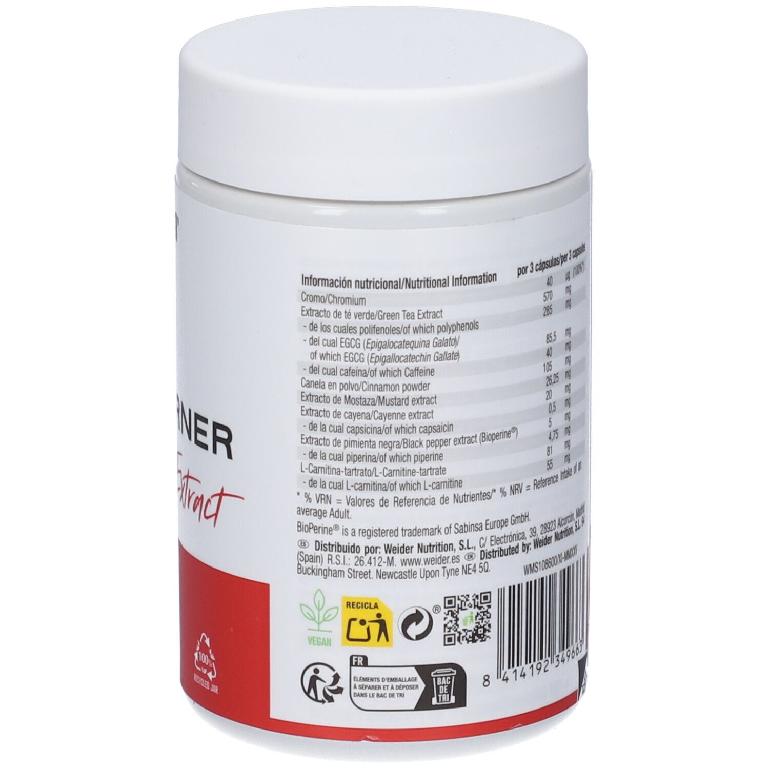 Barattolo di capsule Fat Burner WeiDER, retro con informazioni nutrizionali, ingredienti e informazioni sul riciclo.