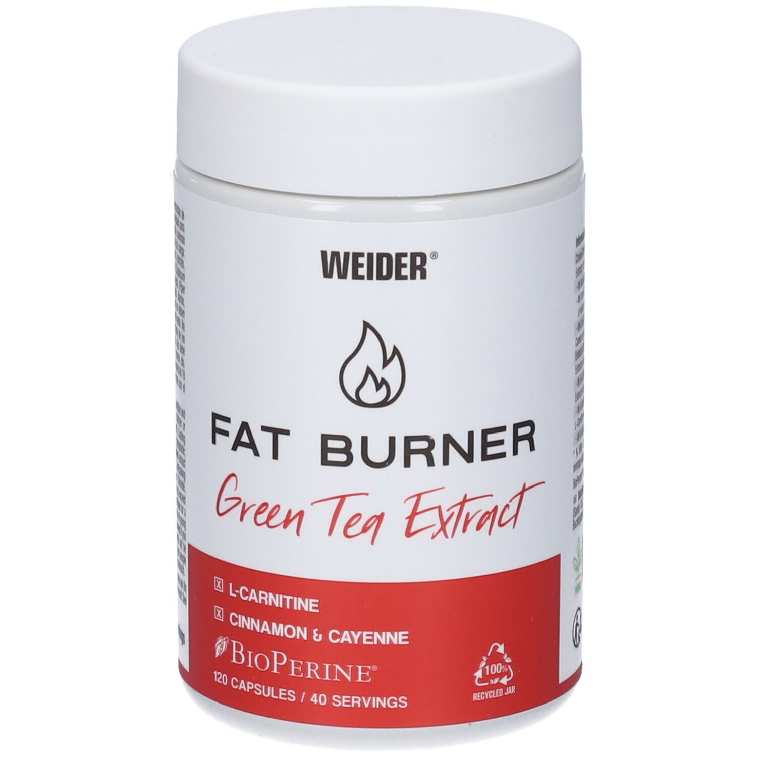 Barattolo di capsule Fat Burner WeiDER con estratto di tè verde, L-Carnitina, cannella e pepe di Caienna. 120 capsule.