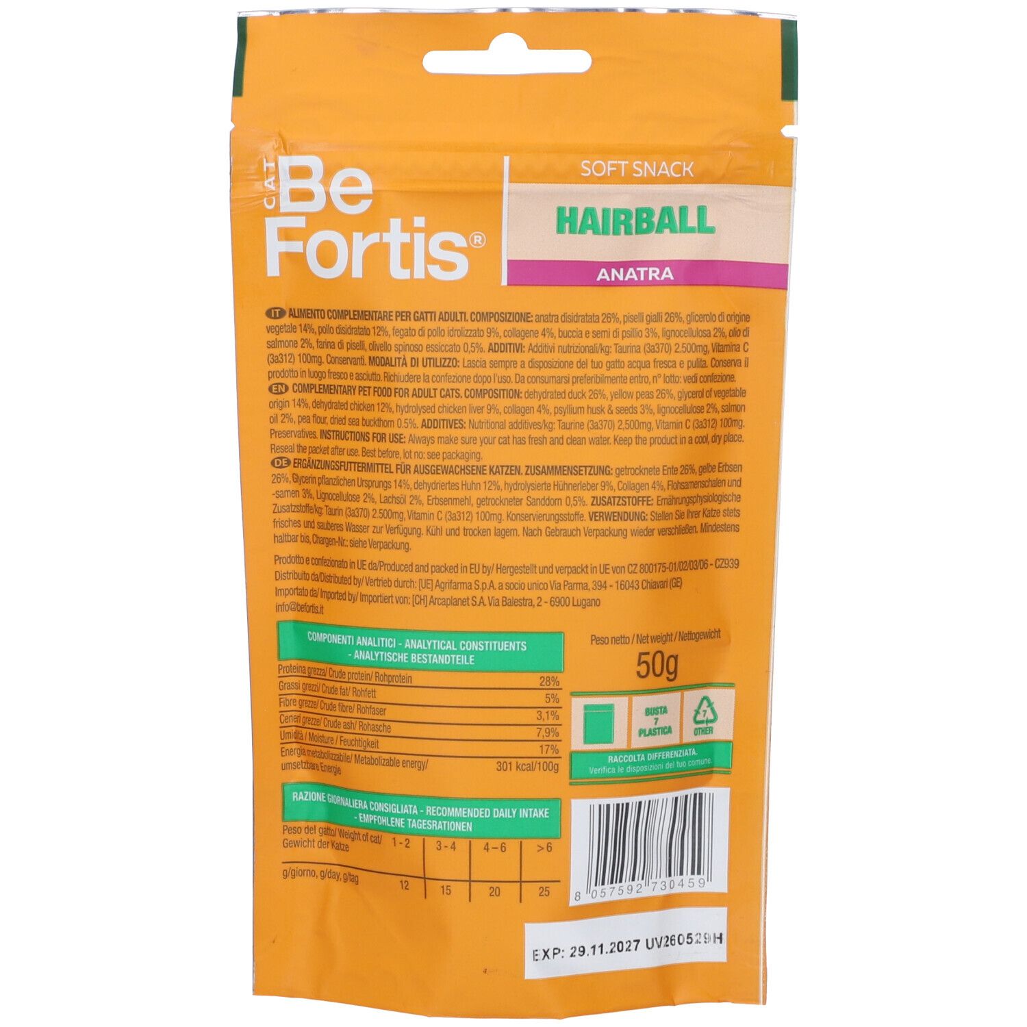 Retro della confezione Be Fortis Soft Snack Hairball con ingredienti e informazioni nutrizionali.