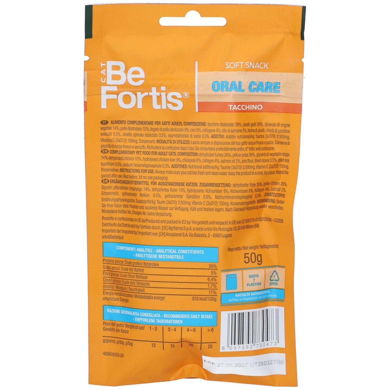 Retro della busta BeFortis Oral Care Soft Snack per gatti, 50g, con elenco ingredienti.