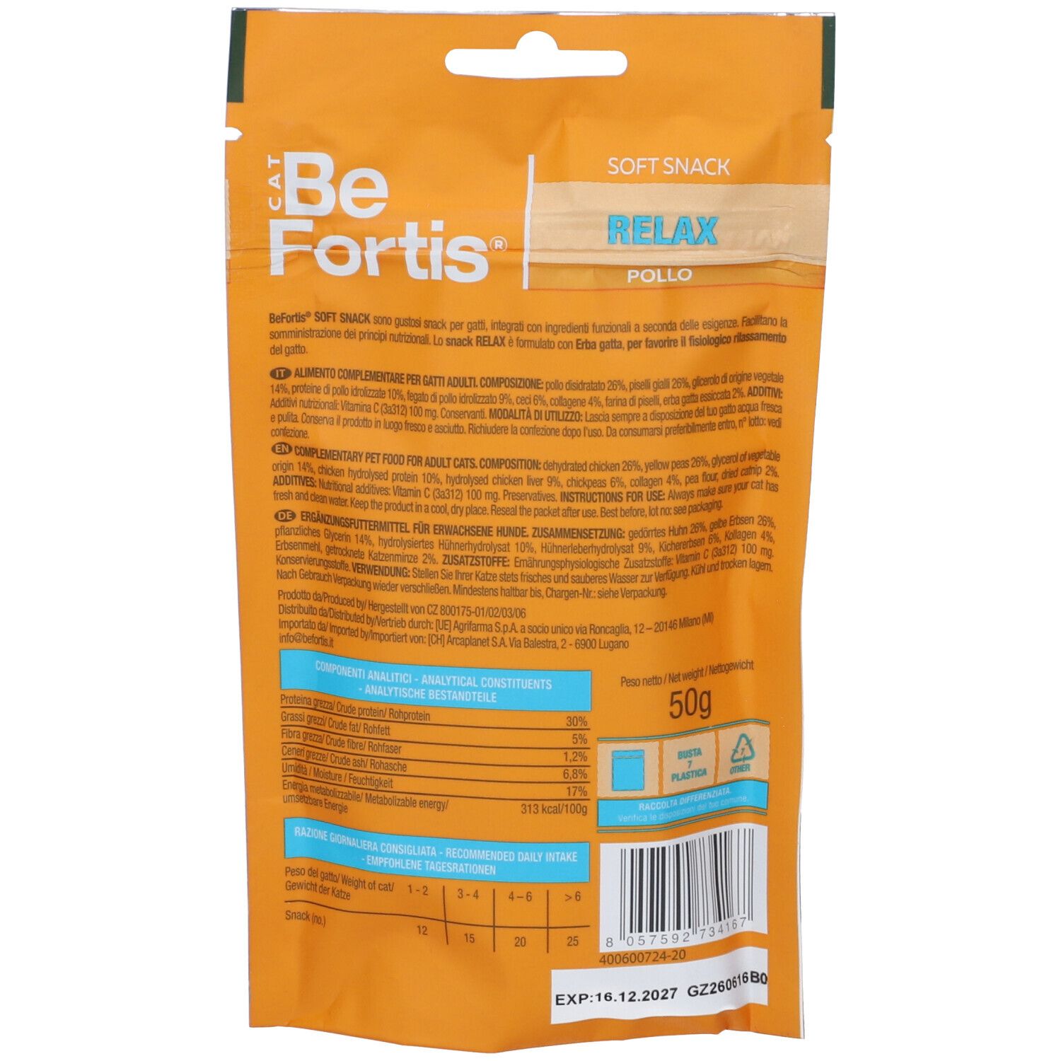 Retro di una confezione arancione Be Fortis per snack per gatti con informazioni nutrizionali e dettagli del prodotto, 50g.