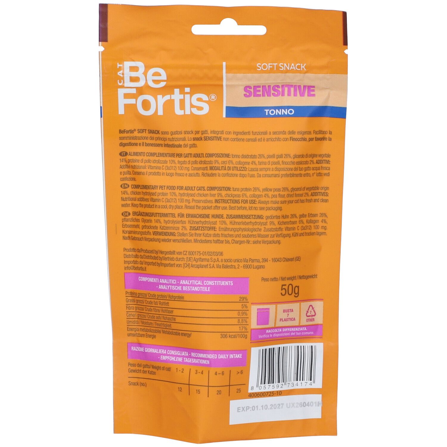 PETZ HB CAT SNACK SOFT SENS: Retro della confezione BeFortis Soft Snack Sensitive per gatti, sacchetto da 50g con informazioni nutrizionali.