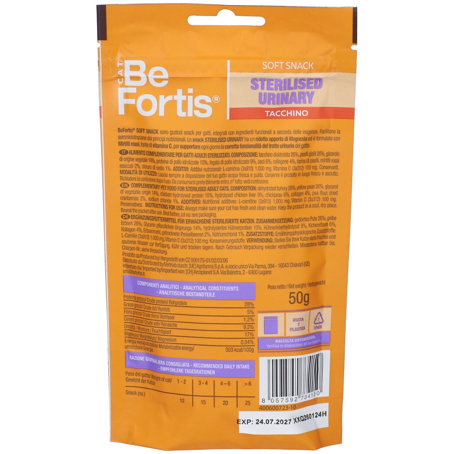 Retro Be Fortis snack morbido gatti sterilizzati vie urinarie. Dati nutrizionali, ingredienti e istruzioni per l'uso.