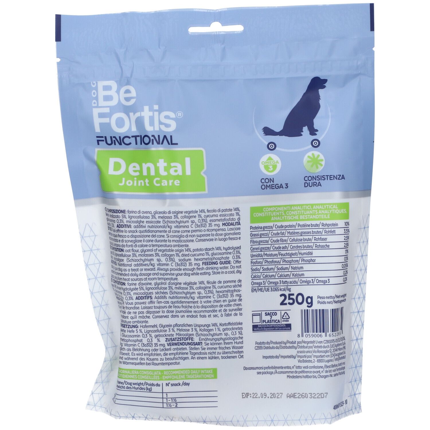 Retro snack funzionali Be Fortis per cani. Dettagli nutrizionali e ingredienti per cura dentale e articolare. 250g.