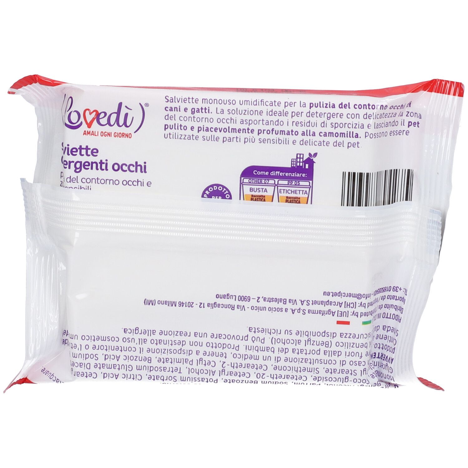 Retro della confezione da 15 salviette detergenti per occhi, alla camomilla.