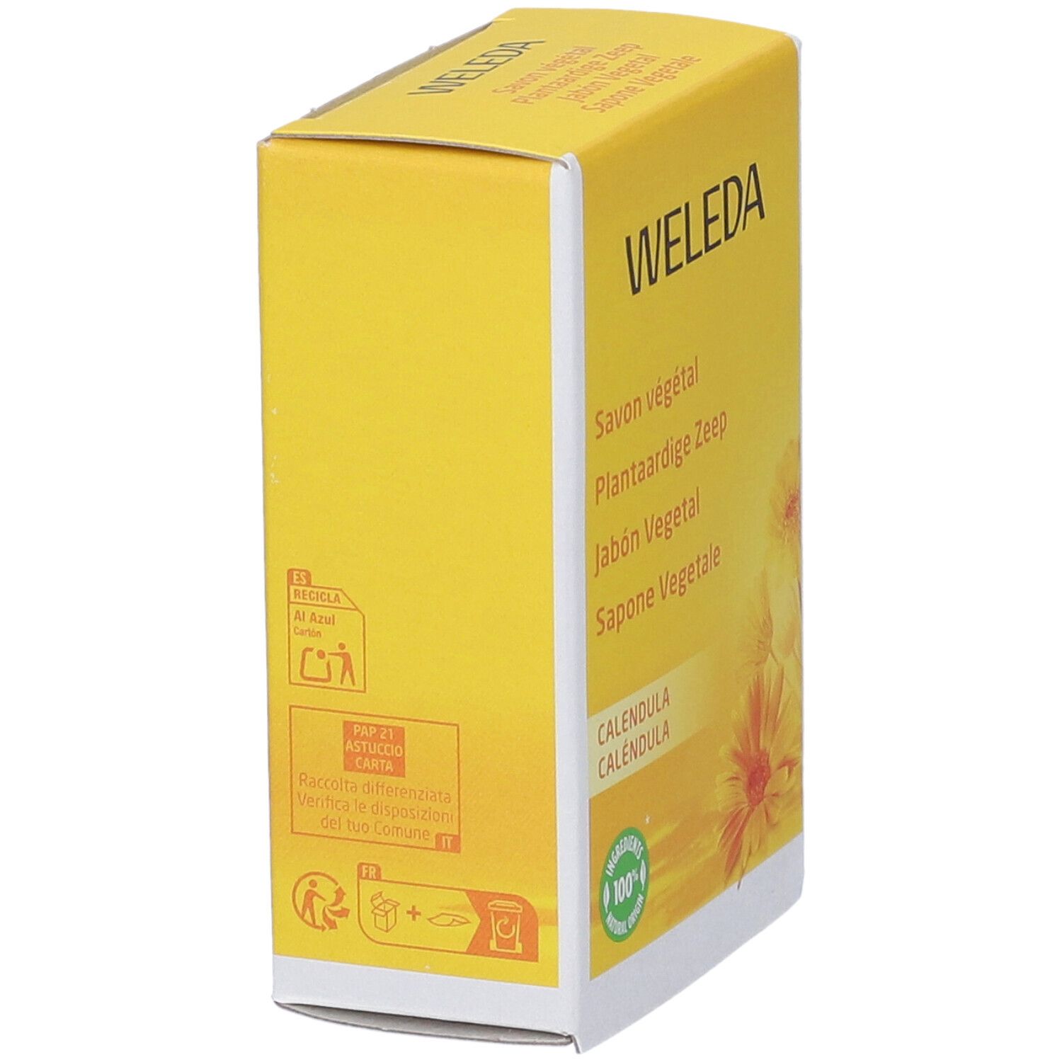 Sapone Weleda Calendula, sapone vegetale in confezione gialla con motivo floreale.