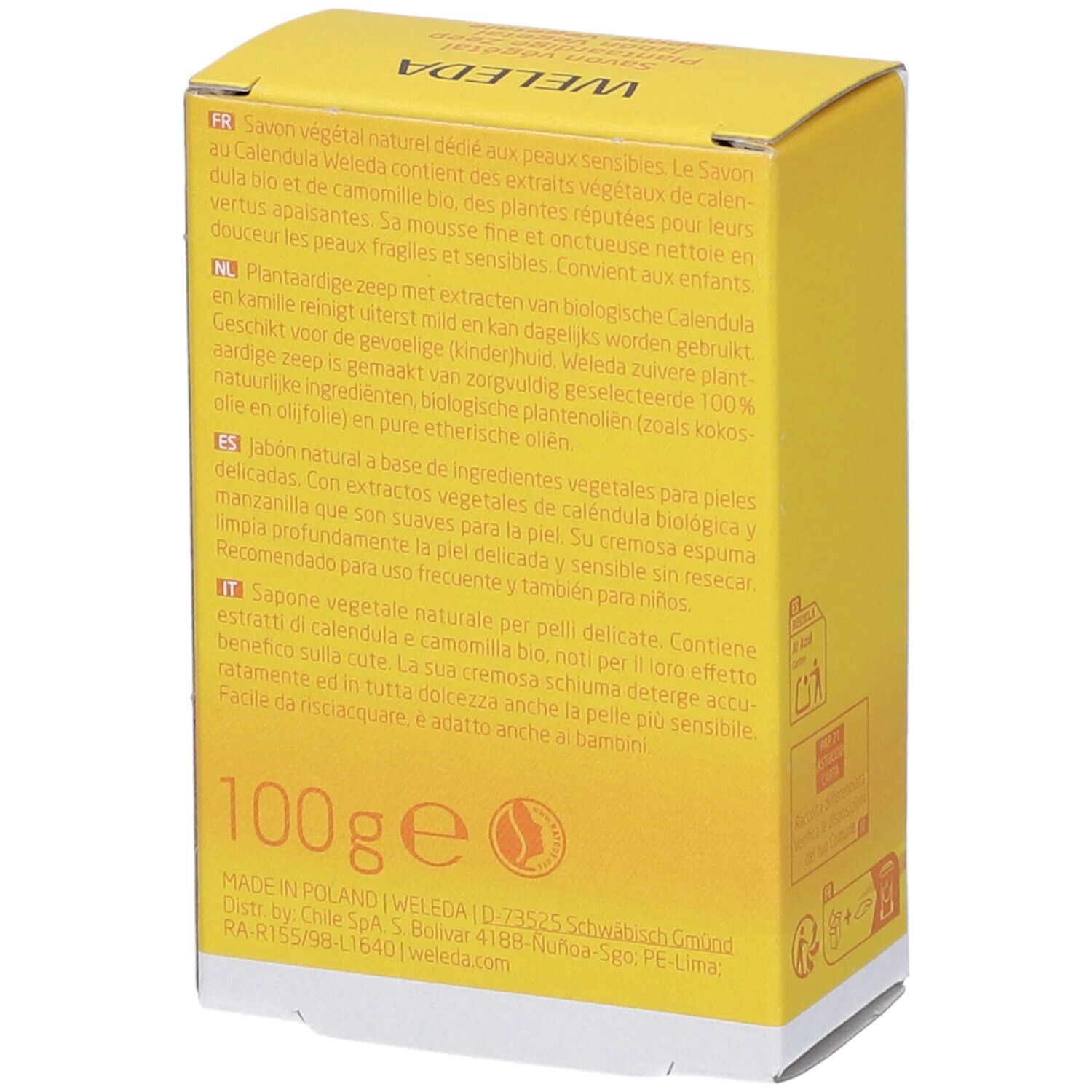 Confezione gialla con informazioni prodotto multilingue e indicazione 100g.
